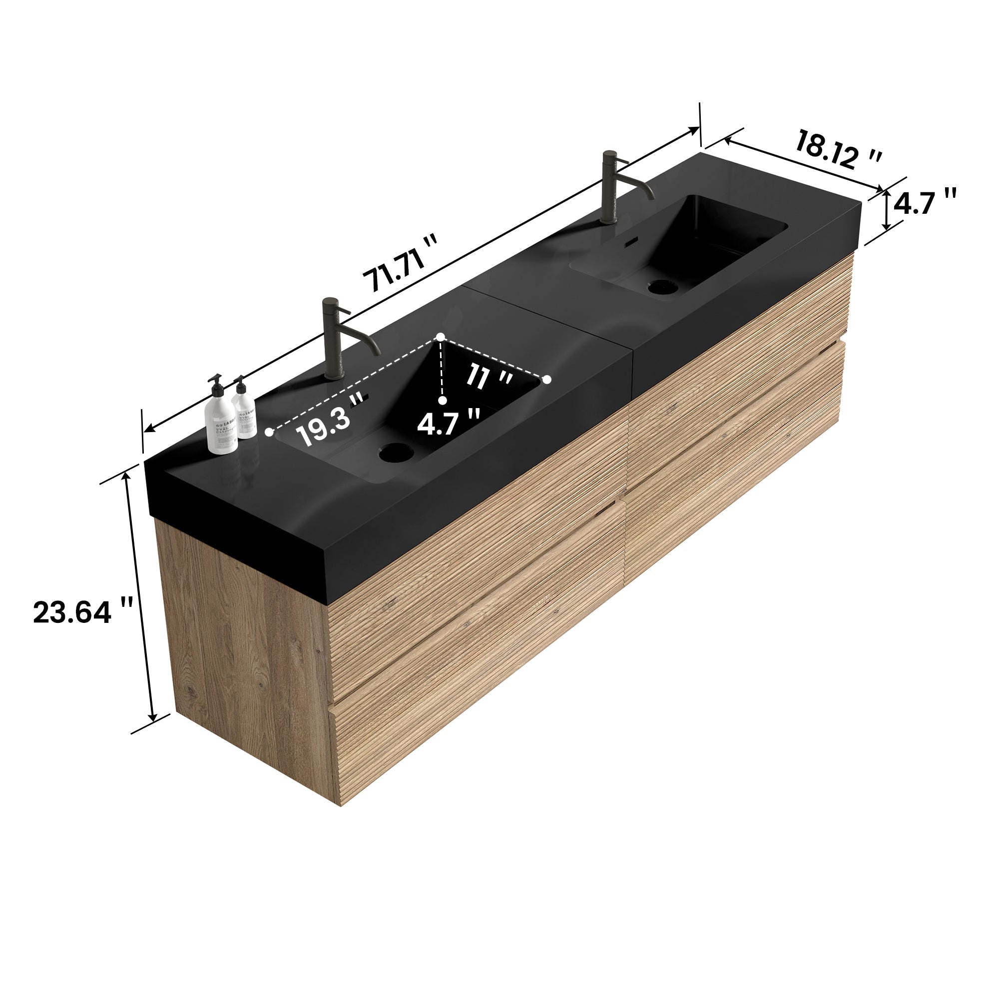 72''(36Inch*2) Bathroom Vanity with Matt Black Engineered Quartz Sink and Rou...