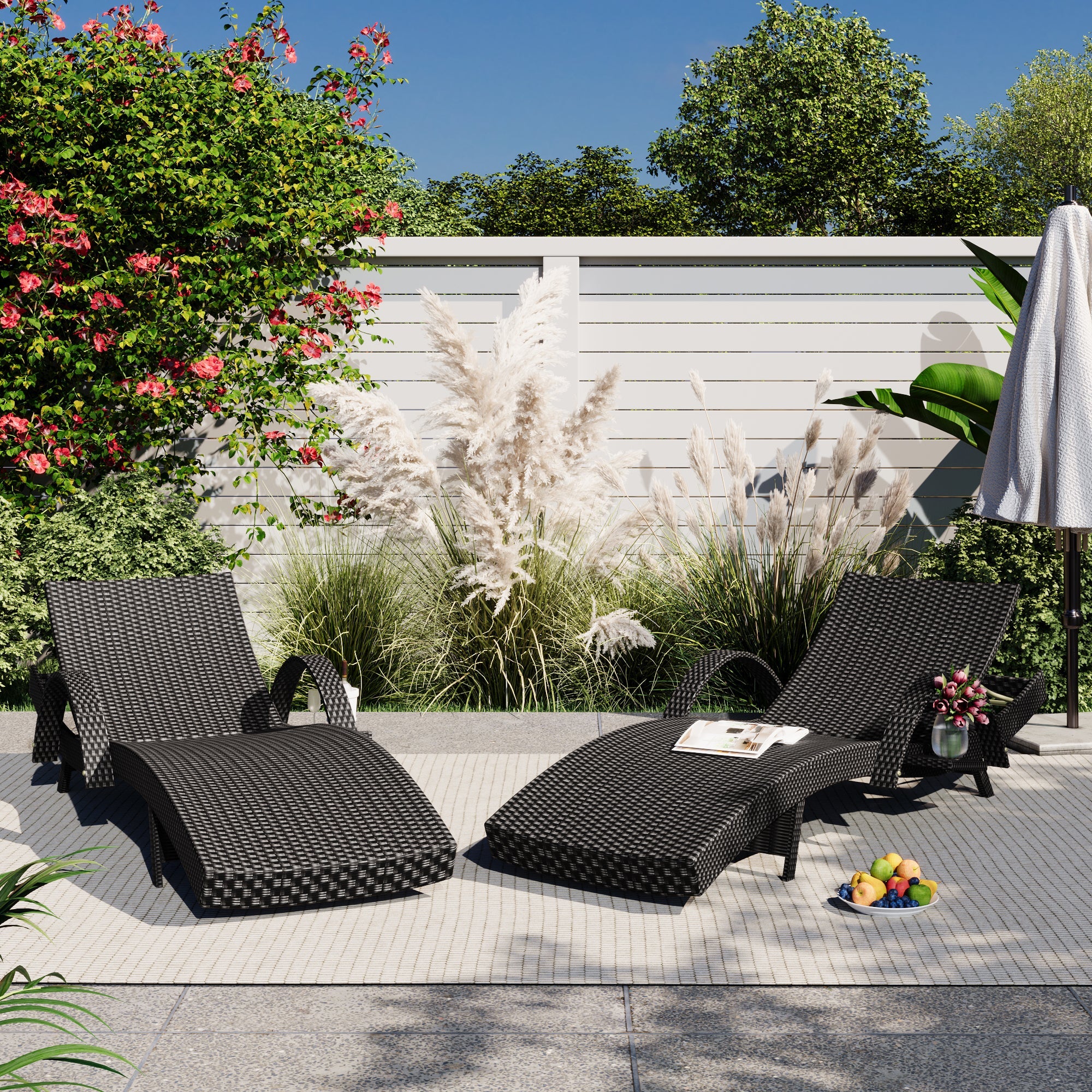 2-Piece Wicker Chaise Lounge Set w/ Pull-Out Table 5-Position 470lb