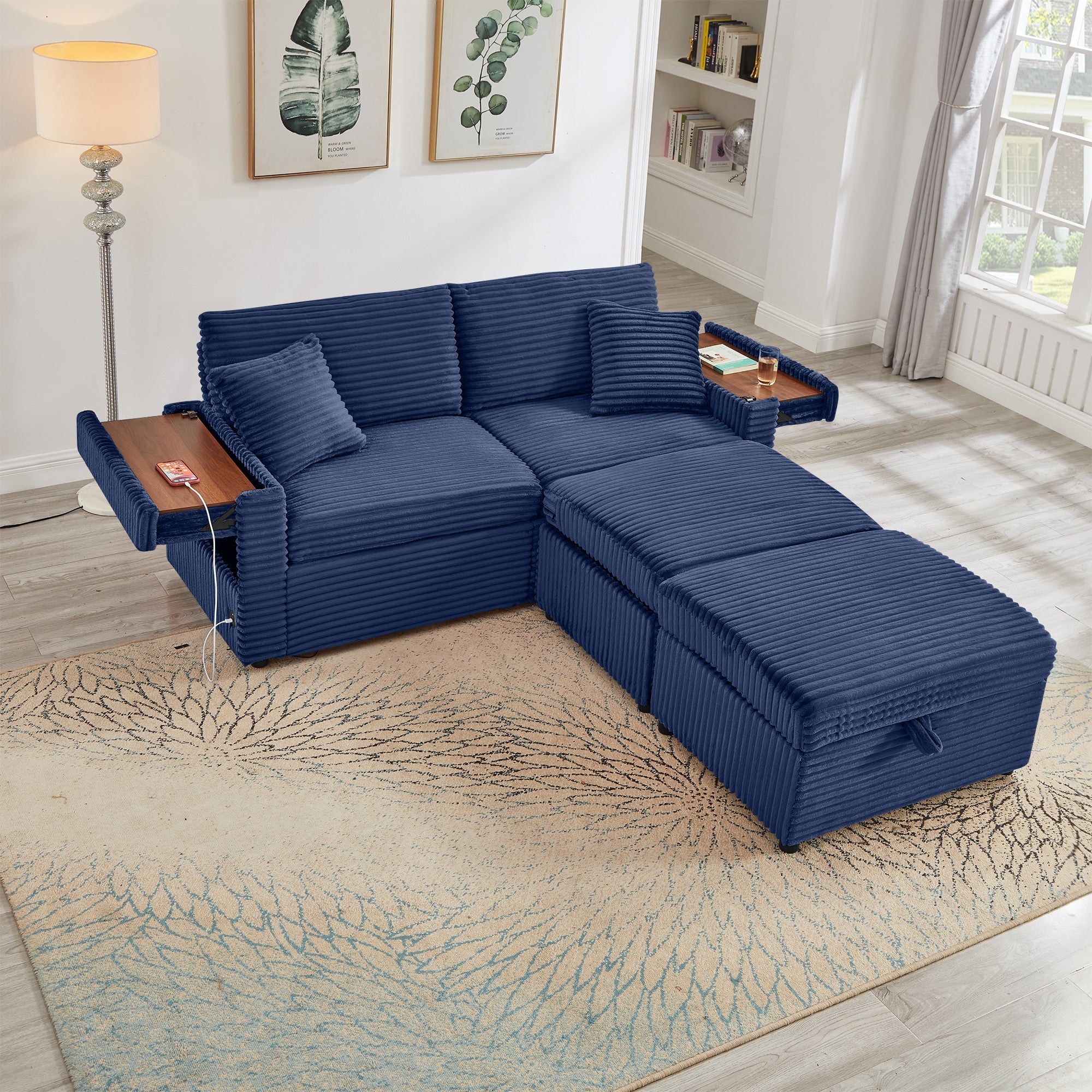 Convertable Loveseat L-Shape Corduroy Blue Storage Chaise 2 Ottomans USB 69 In