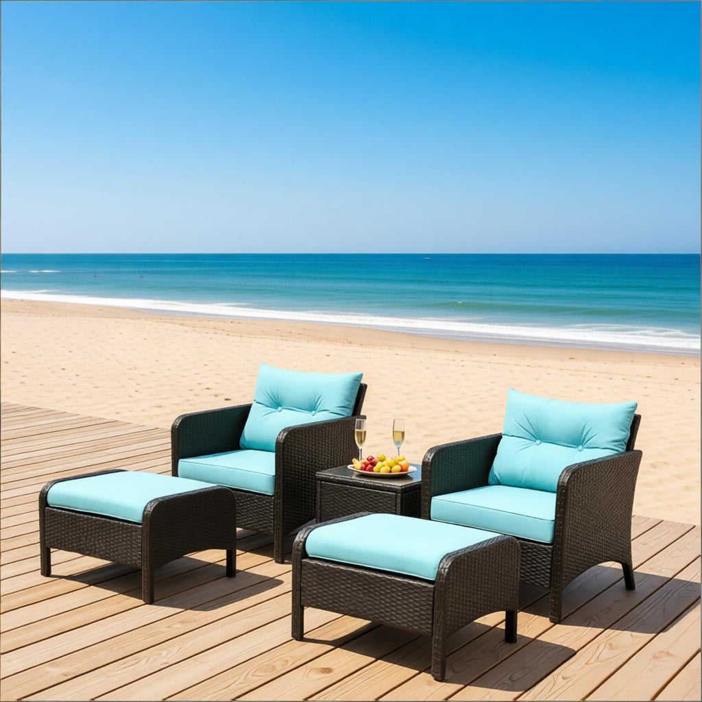 Outdoor Conversation Set PE Rattan Blue Brown 5 Piece 2 Chairs Footstools