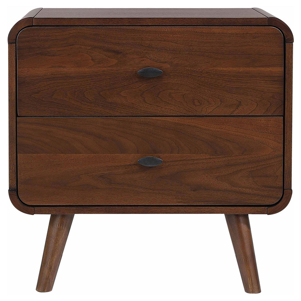 Nightstand Mid-Century Modern Dark Walnut 2-Drawer Gunmetal Hardware 27 In