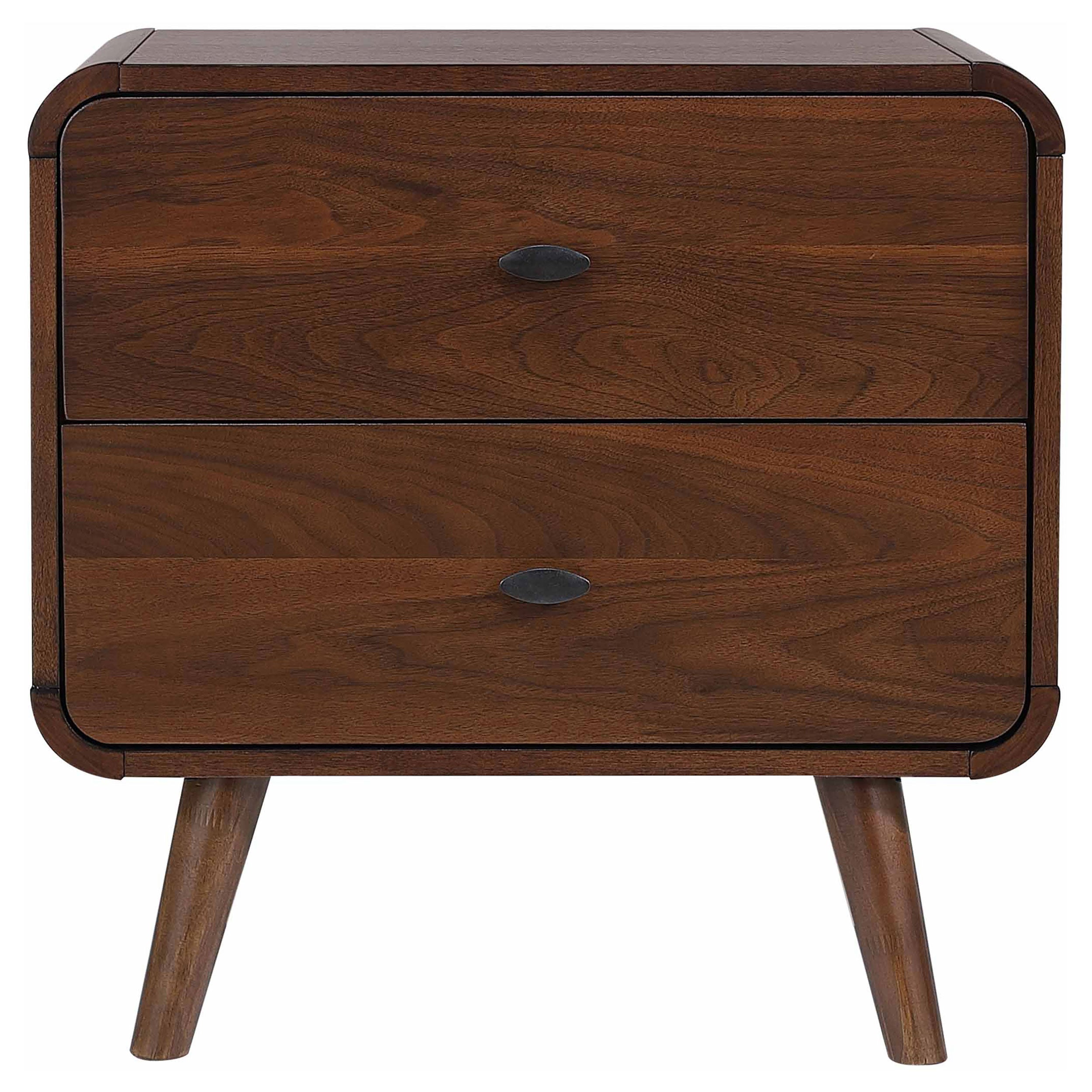 Nightstand Mid-Century Modern Dark Walnut 2-Drawer Gunmetal Hardware 27 In