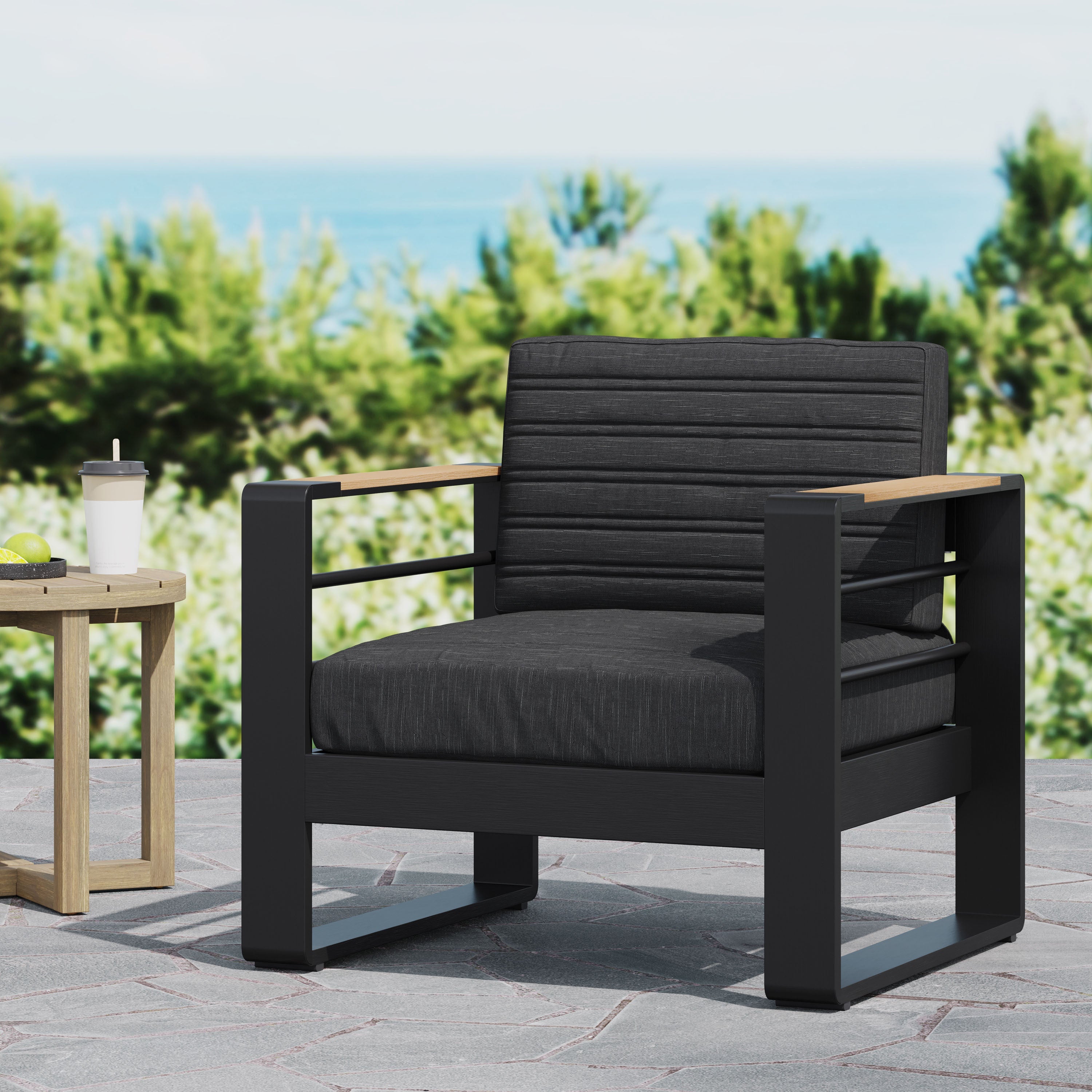 Outdoor Club Chair Aluminum Black Slat Design Water-Resistant 32x27.5x24.75 In