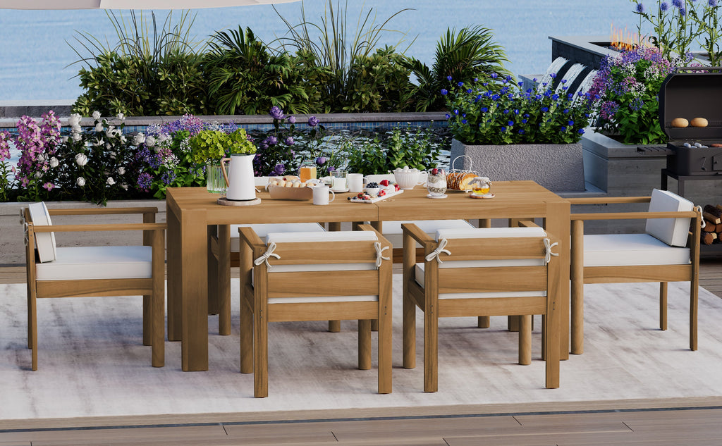 Outdoor Dining Set Acacia Wood Light Teak 7 Piece Rectangle Seats 6