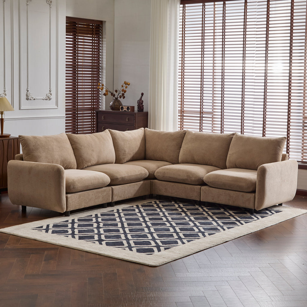 Sectional Sofa Modular Velvet Camel 5 Seat 99 In Eucalyptus Frame