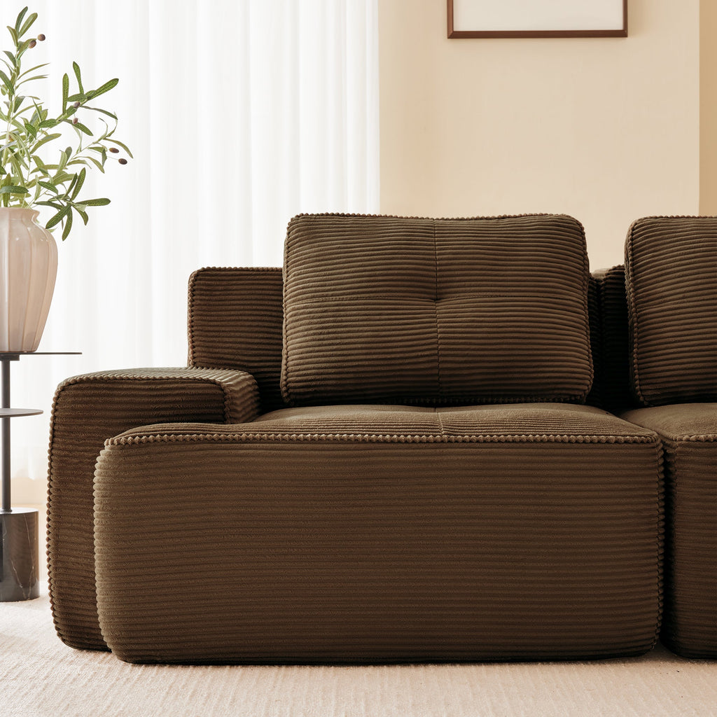 Sectional loveseat L-Shape Corduroy Brown 2 Seat Modular with Ottoman 82 In