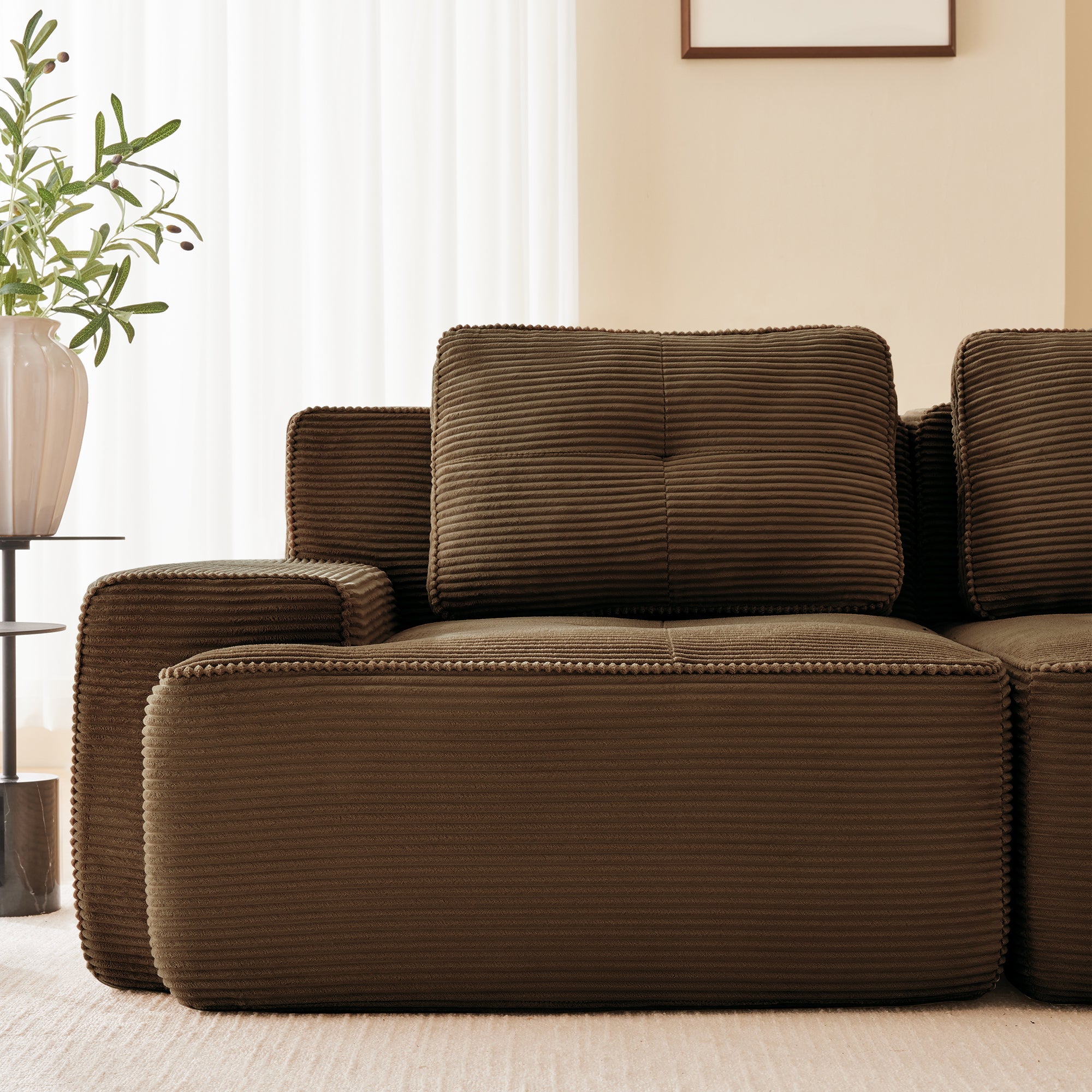 Sectional loveseat L-Shape Corduroy Brown 2 Seat Modular with Ottoman 82 In