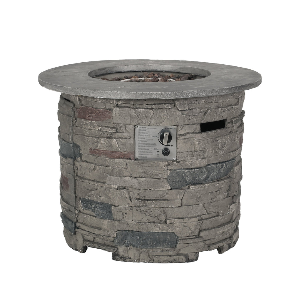 Transitional Outdoor 32 Inch Round MGO Propane Fire Pit Table, Stone Gray