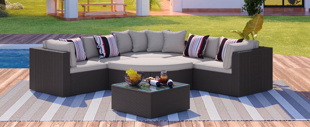 Outdoor Wicker Sofa Set Brown 7 Piece Colorful Pillows Seats 6