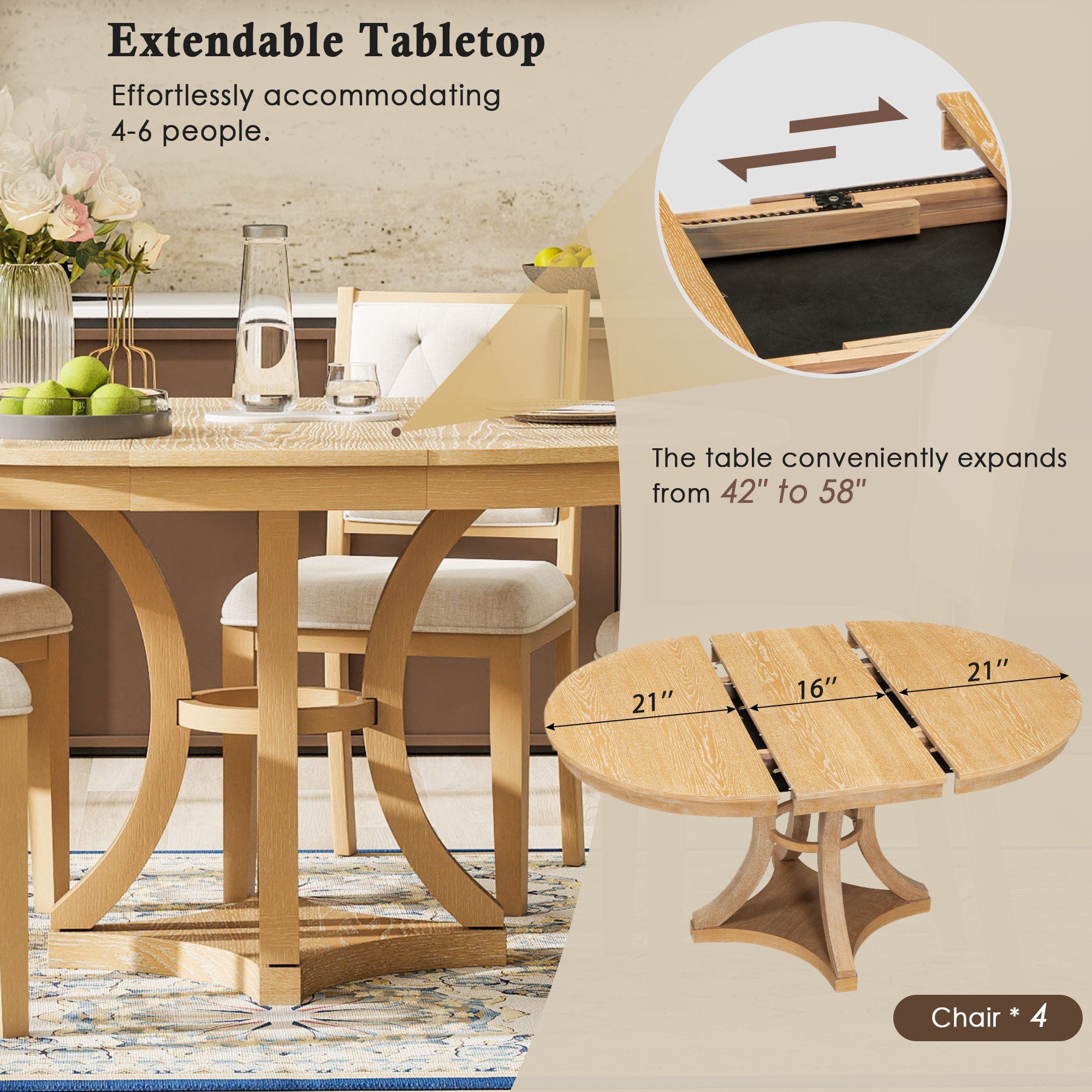 5-Piece Retro Functional Dining Table Set Extendable Round Table and 4