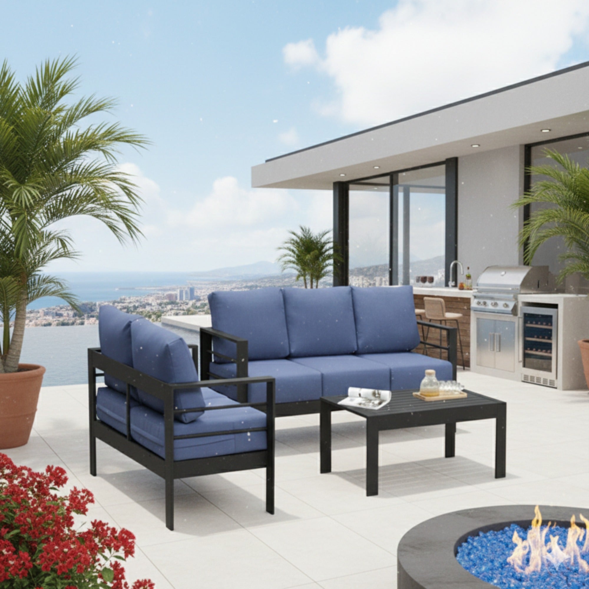 Outdoor Patio Set 3 Piece Aluminum Sofa Loveseat Black Blue