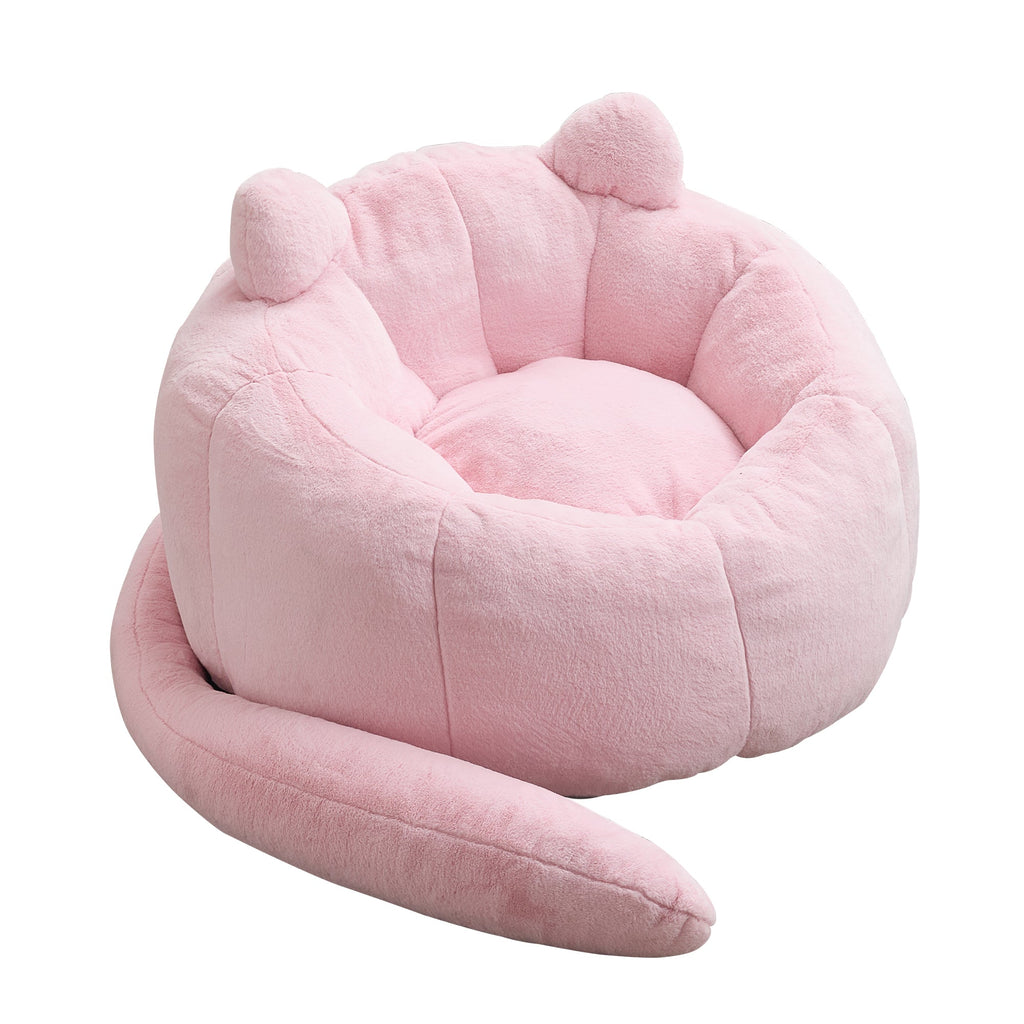 Pink Cat-shaped Adult Bean Bag Sofa with High-Density Foam, Faux Fur Upholstery