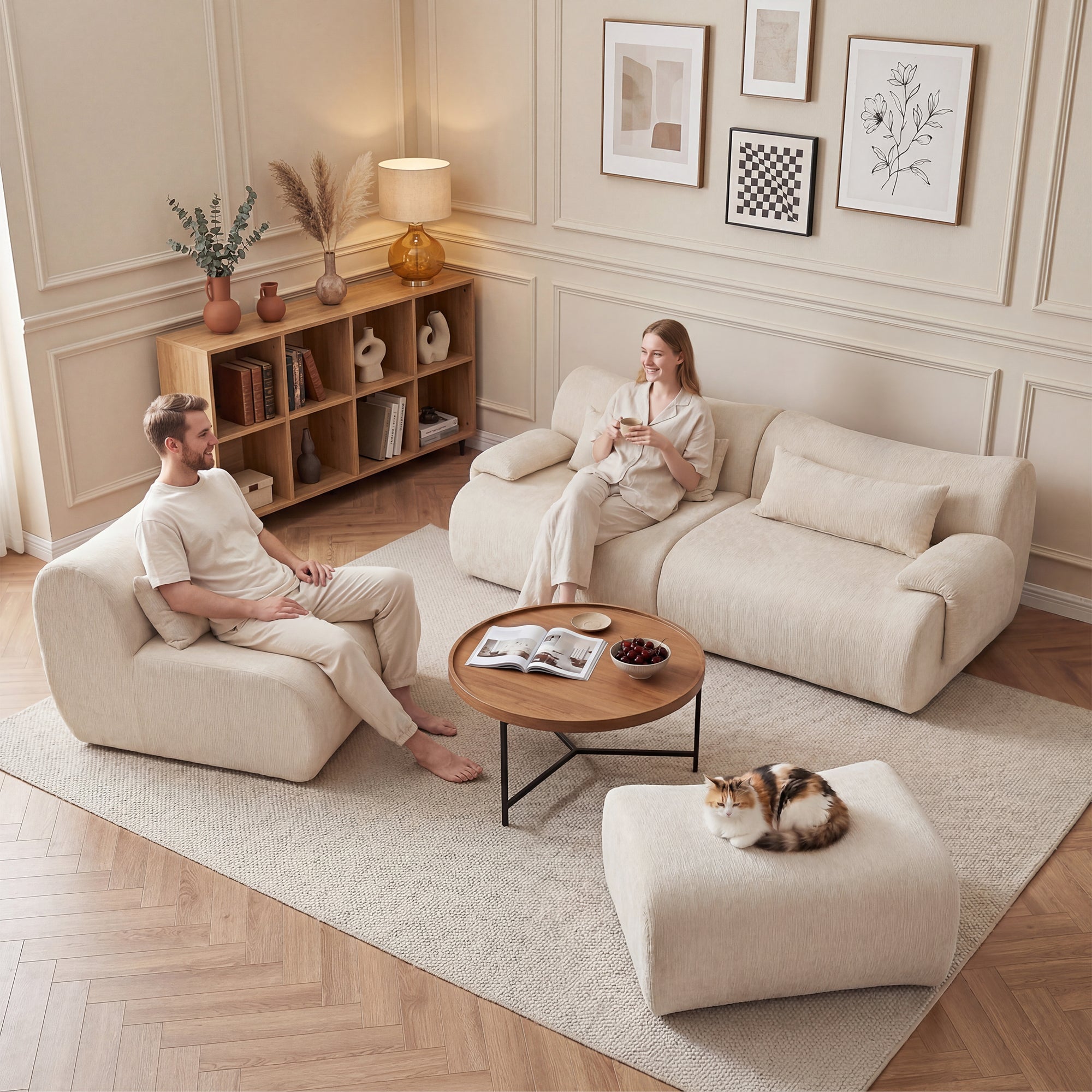 Sofa Curved White 3 Seat Anti-Slip 118 In No Assembly High-Density Foam