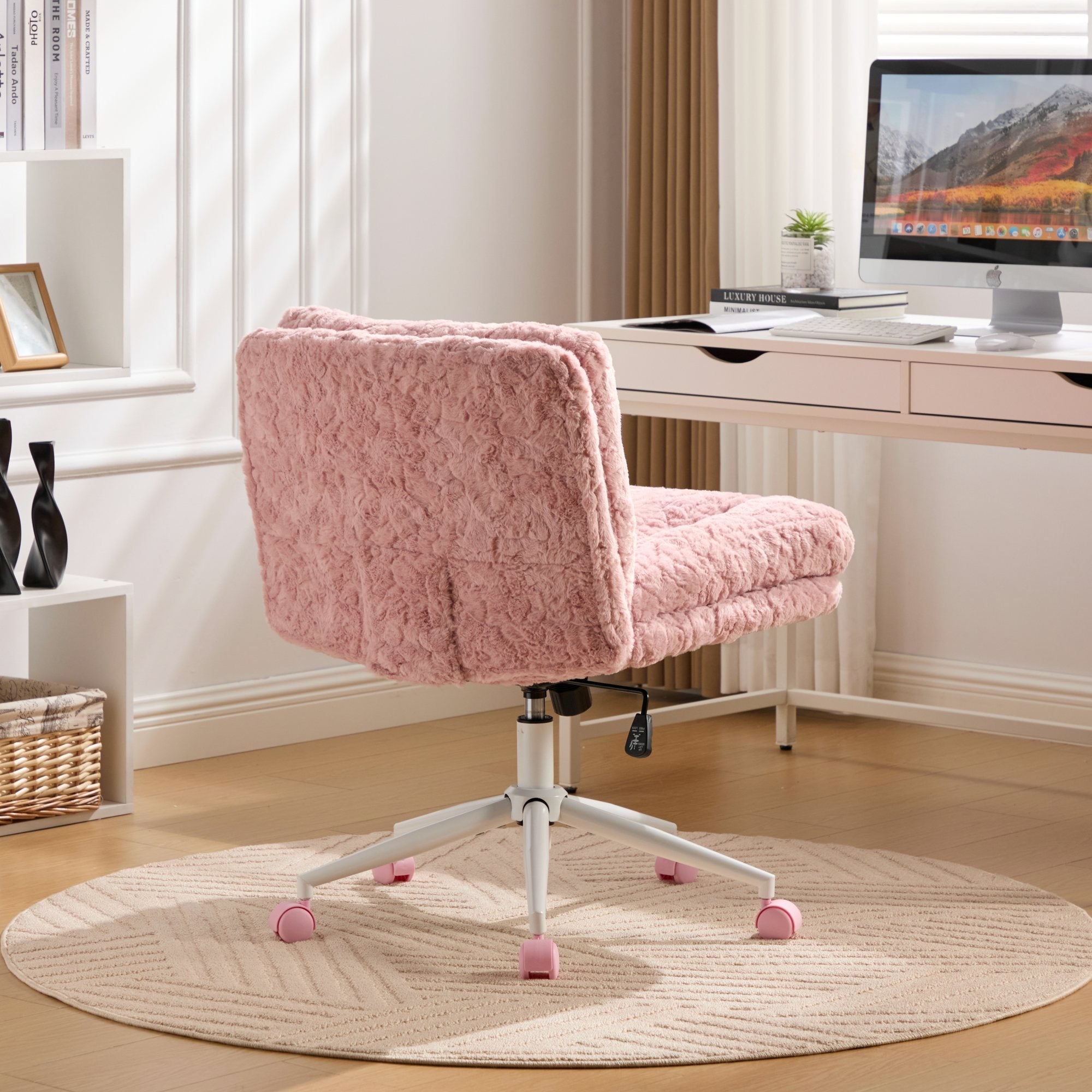 Swivel Chair Faux Alpaca Pink Wide 26.4 In Seat 360 Degree Height Adjust