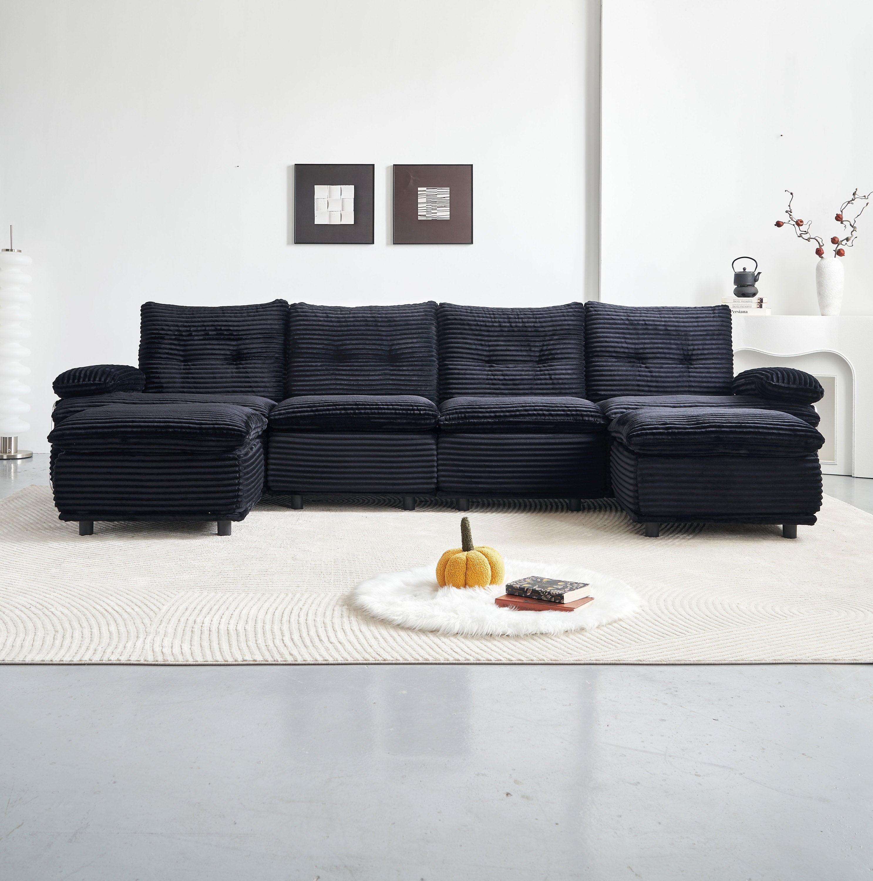 Sectional Sofa U-Shape Modular Corduroy Black 6-Seat with 2 Ottomans 140.94 In