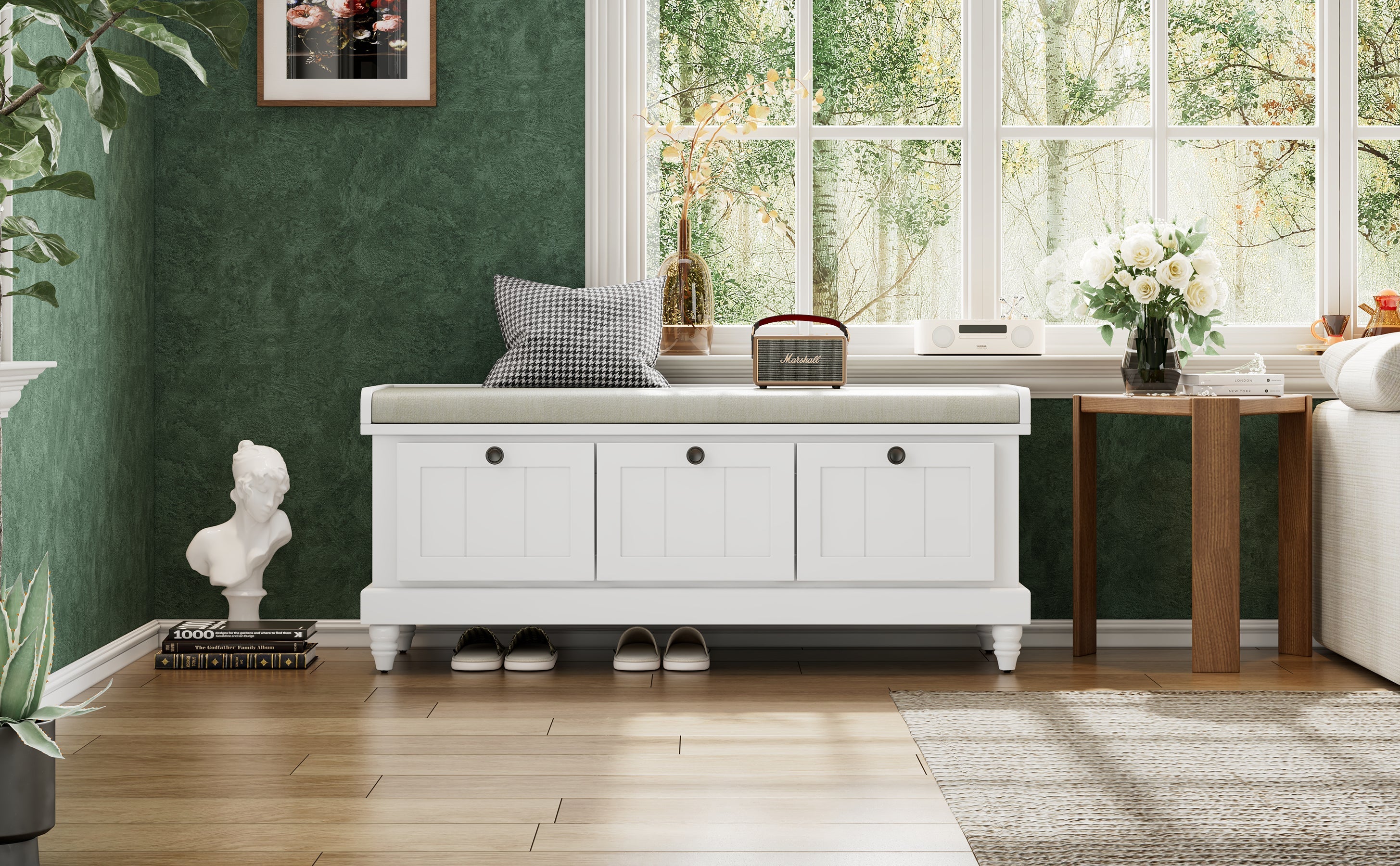 Entry Bench Fluted MDF White Cushioned Seat 3 Drawers 44x16x19