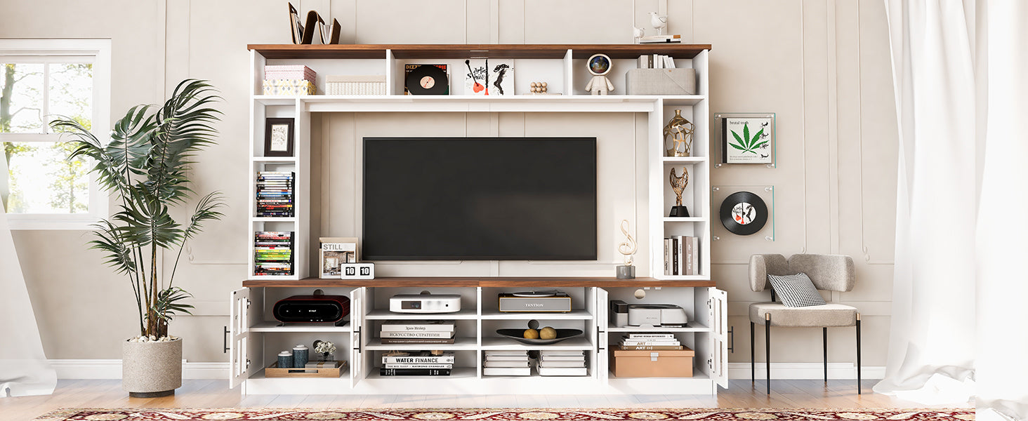 White MDF Glass TV Stand Entertainment Center Wall Unit 80