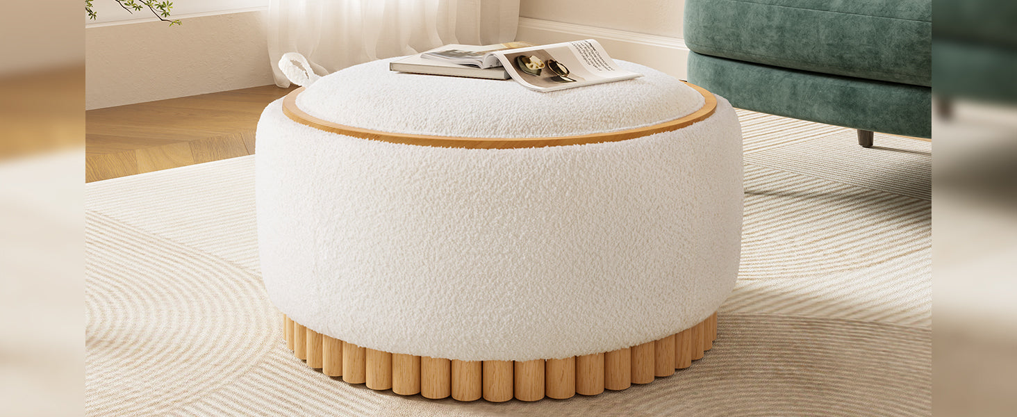 29' Round Storage Ottoman with Solid Wood Legs, Boucle Fabric, No Assembly