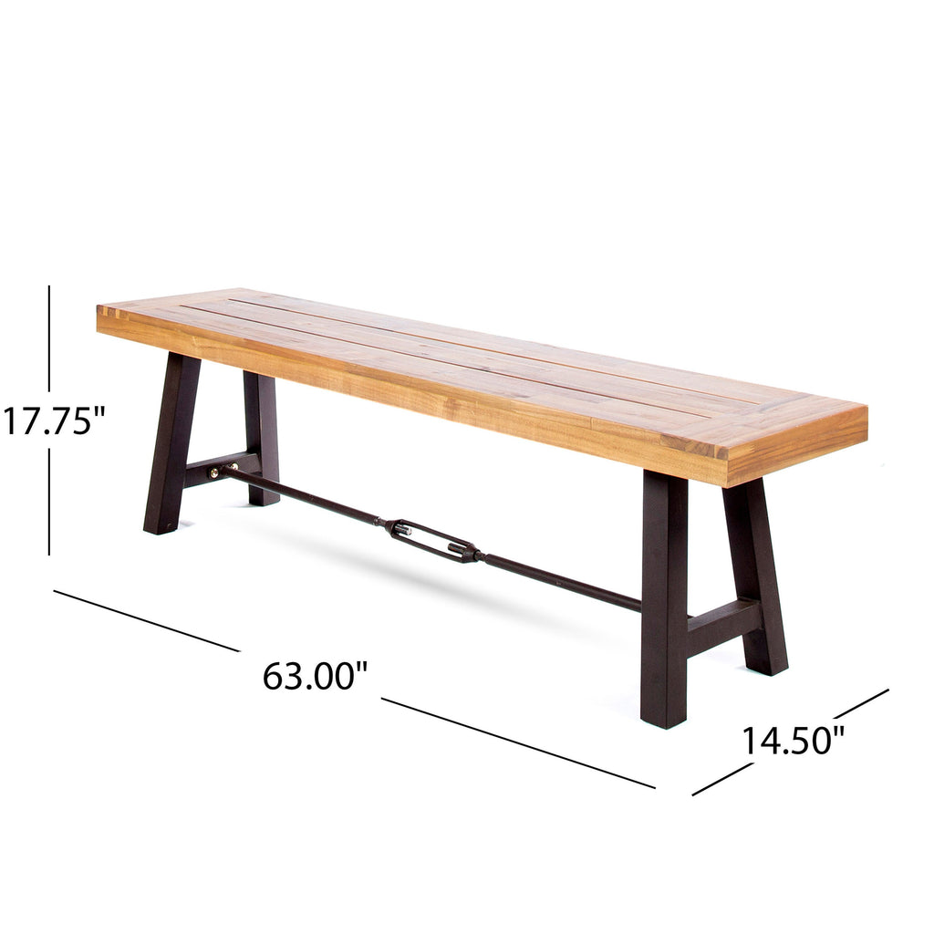 Outdoor Bench Acacia Wood Teak Slat Design Weather-Resistant 63x14.5x17.75 In