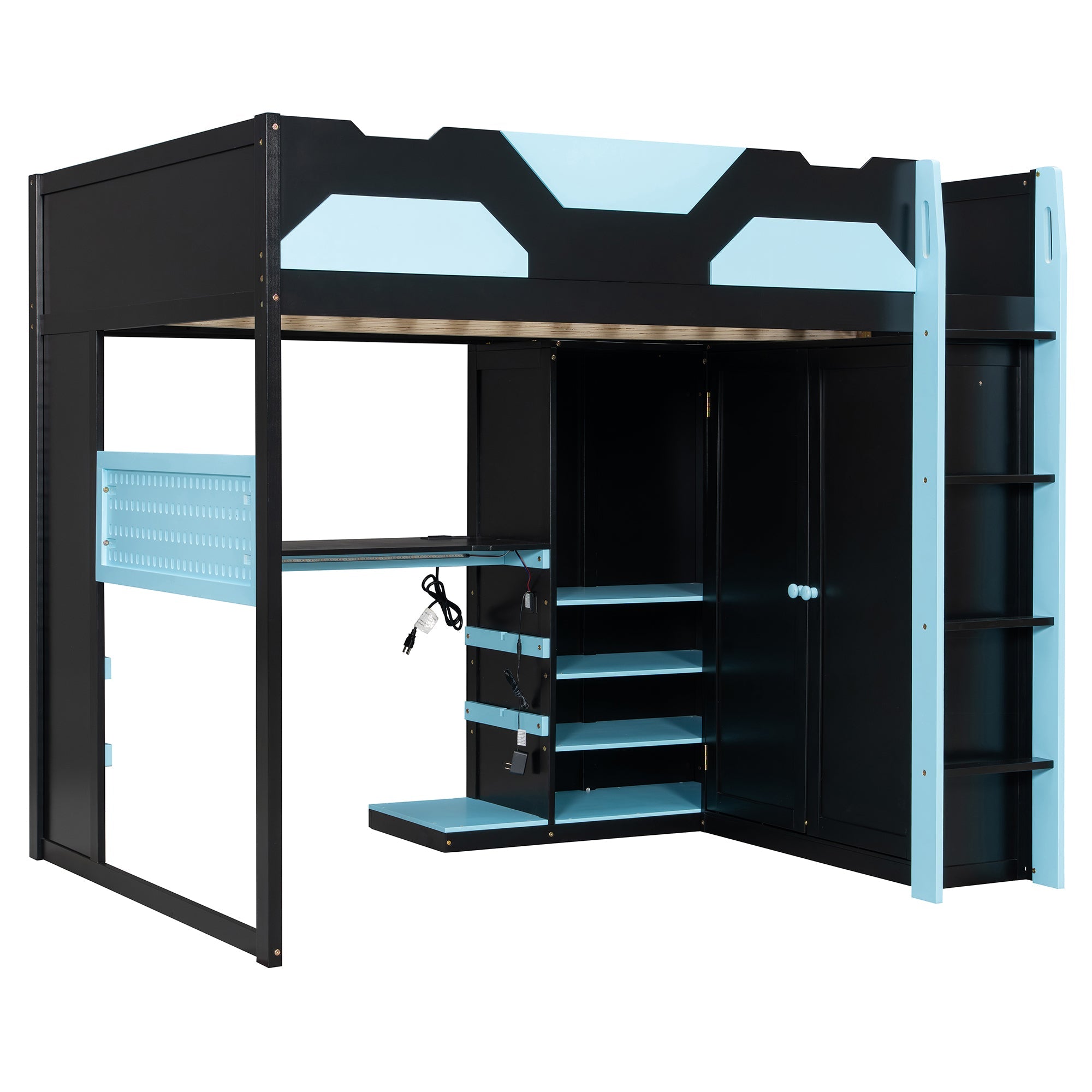 Full Size Wood Loft Bed with Desk, Multi-storage Shelves, USB and RGB Light