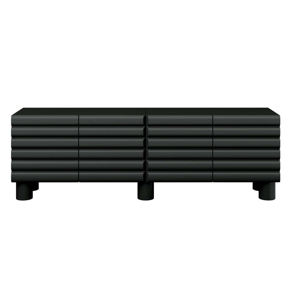 TV Stand Wavy Door Black MDF 4-Cabinet Cylindrical Legs Fits 70 In TV