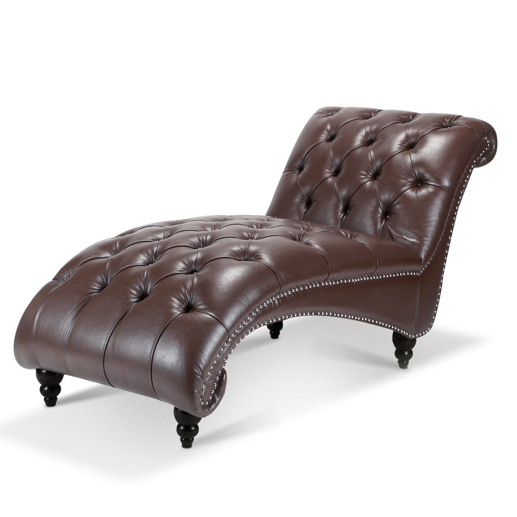 Chaise Lounge Armless PU Leather Dark Brown Tufted Foam Birch Legs 220 LB