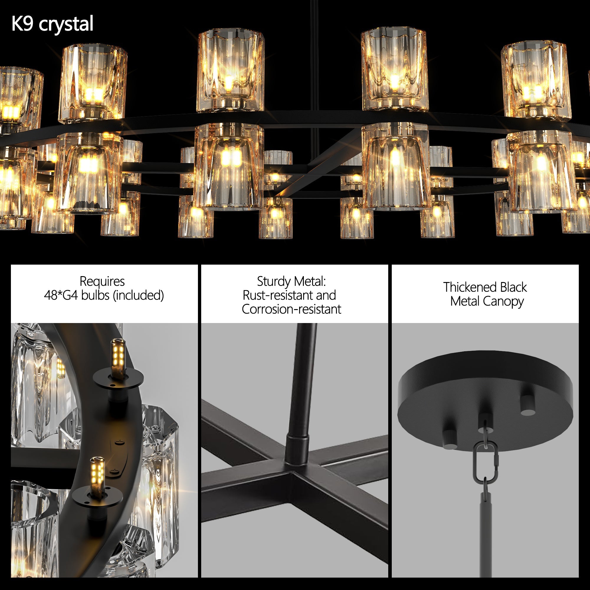 Chandelier Crystal LED 48 In Luxury Black Modern Living Dining Room