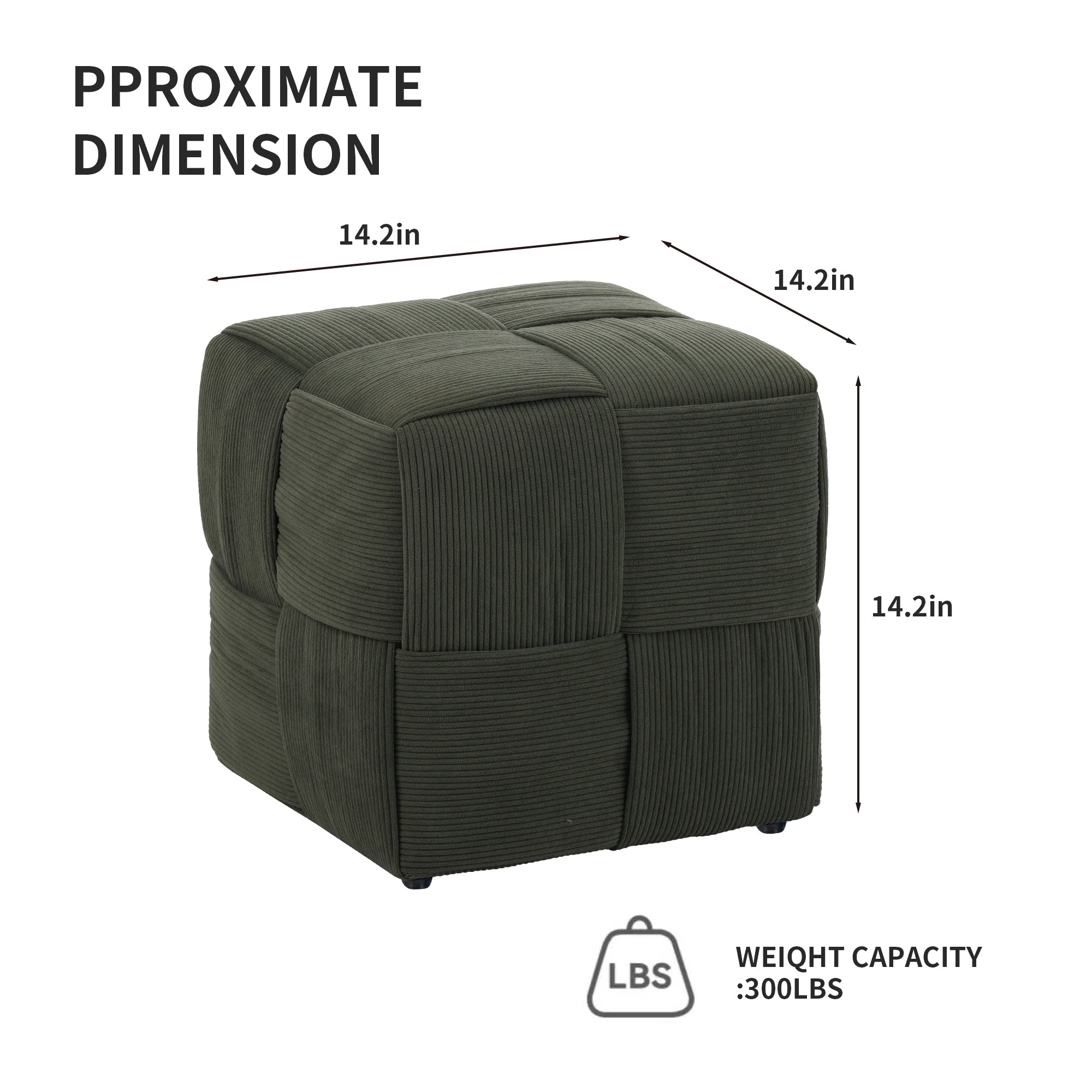 Green Square Ottoman Foot Rest with Corduroy Woven Design Soft Cushioning for