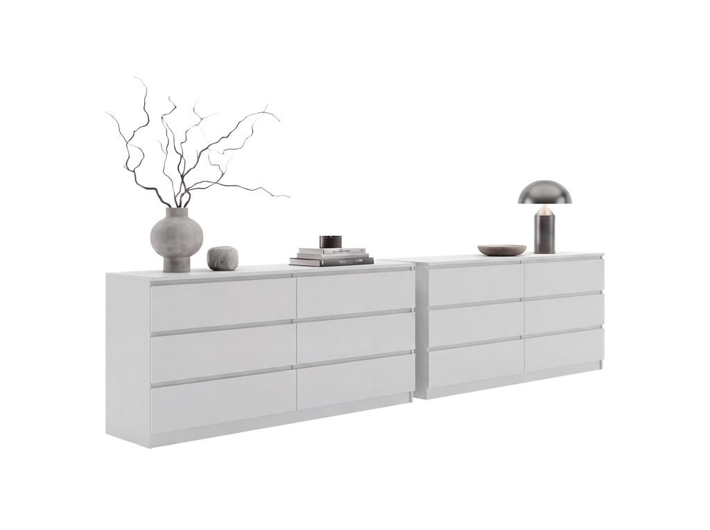 Dresser Minimalist Set of 2 6-Drawer White Particle Board Metal Legs 60.4 In