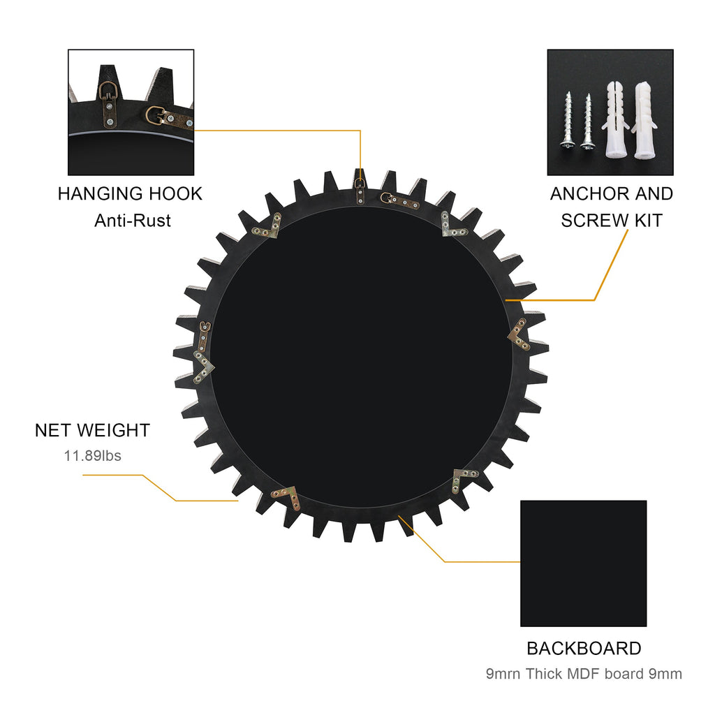 Wall Mirror Round Gear-Shape Wood Frame Dark Brown Vintage 16.5 In