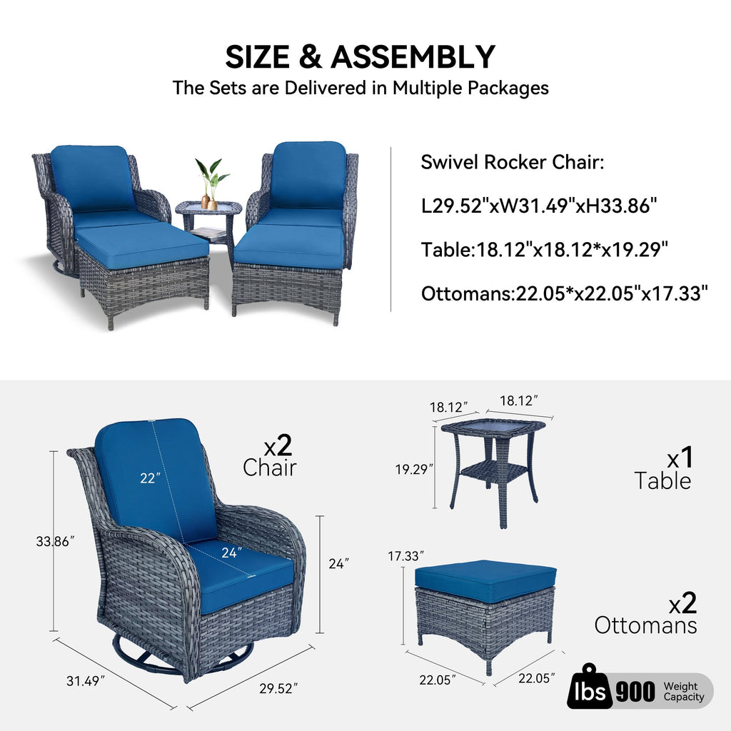 Outdoor Patio Set Wicker Aluminum Blue Gray 5 Piece Swivel Seats 4