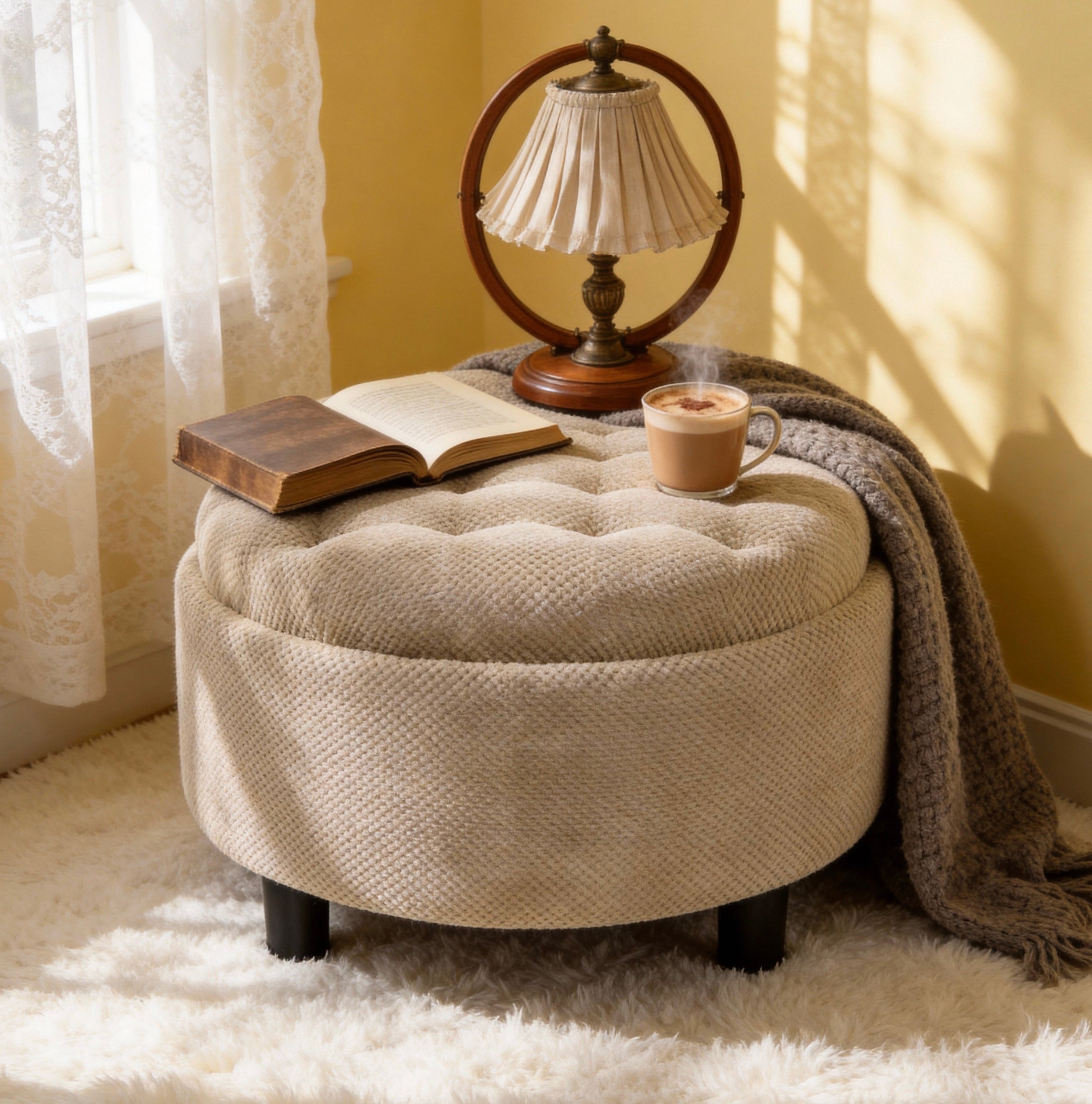 25 Inch Round Storage Ottoman with Wooden Top Side Table, Camel Fabric