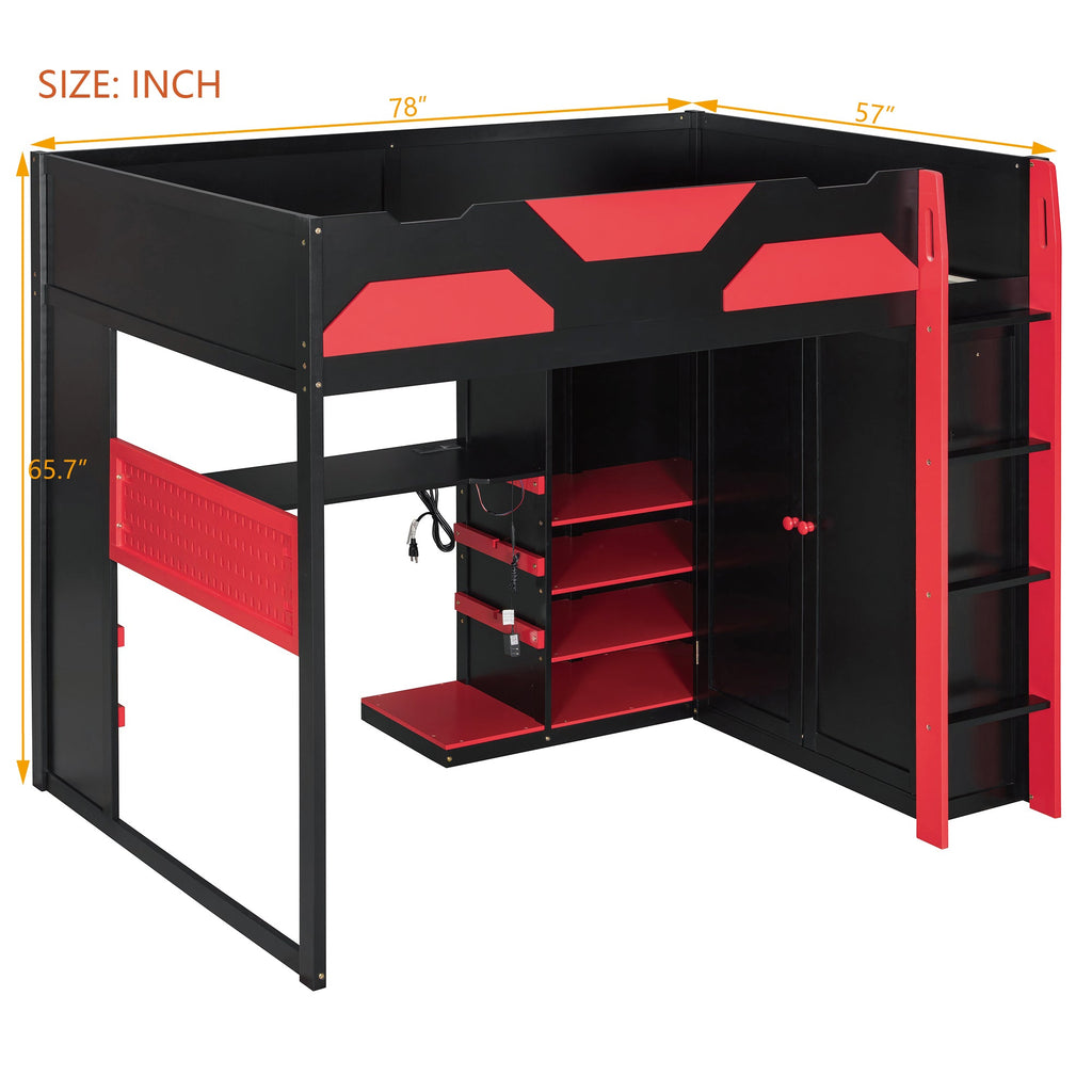 Full Size Wood Loft Bed with Desk, Multi-storage Shelves,USB and RGB Light, Red