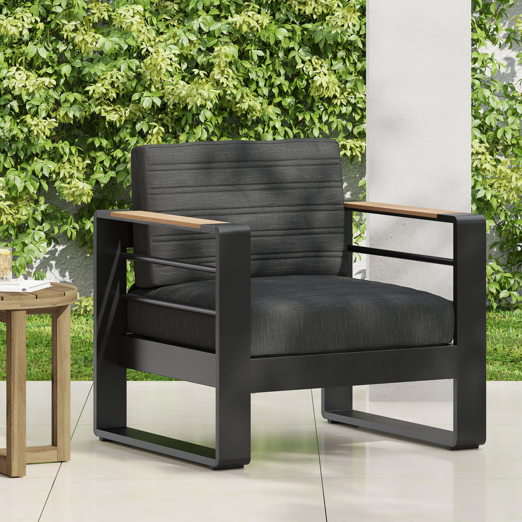 Outdoor Club Chair Aluminum Black Slat Design Water-Resistant 32x27.5x24.75 In