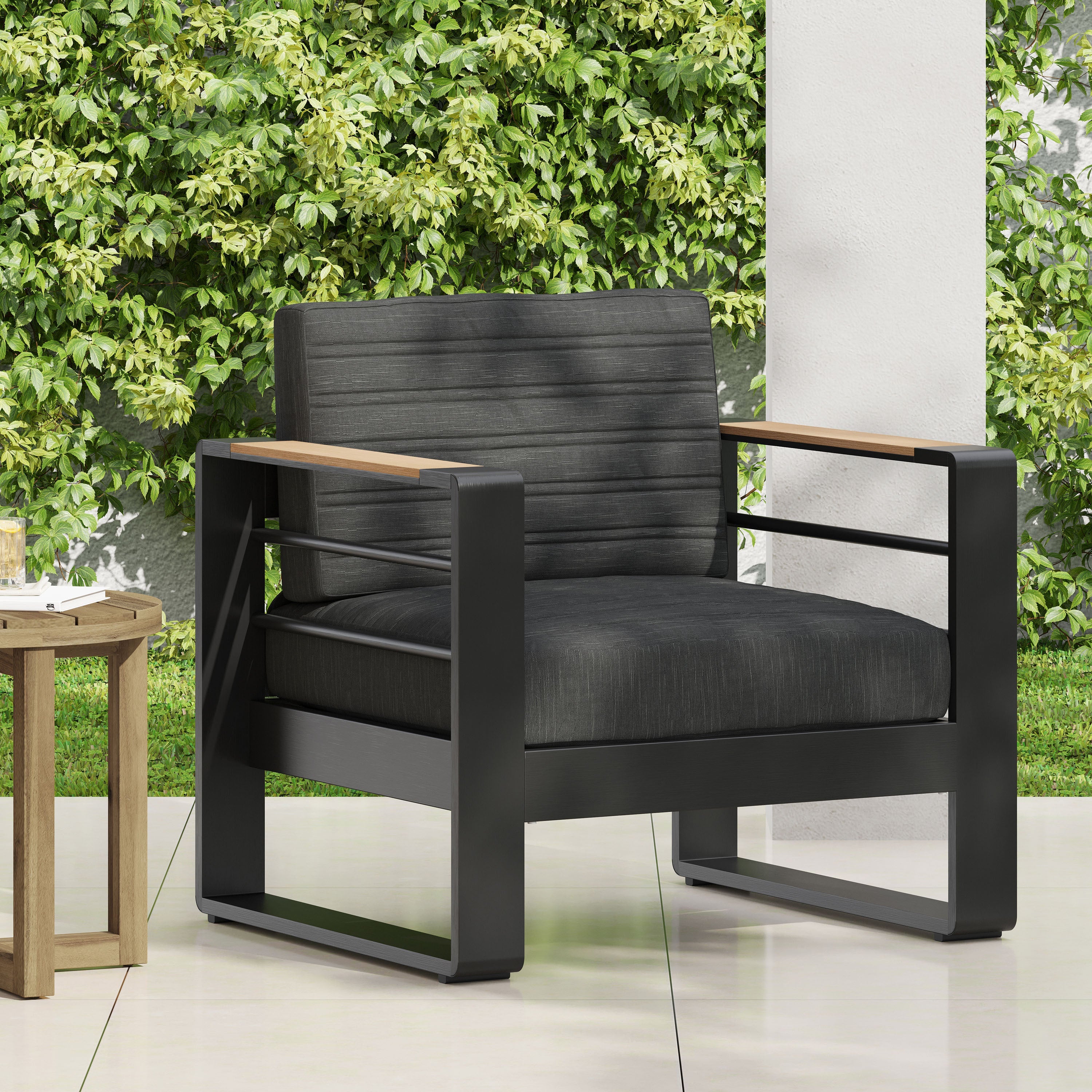 Outdoor Club Chair Aluminum Black Slat Design Water-Resistant 32x27.5x24.75 In