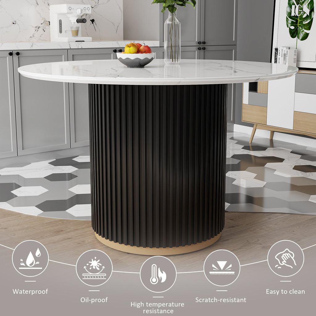 Modern 46' Round Dining Table Set for 4, Faux Marble Top with Black Wave Metal