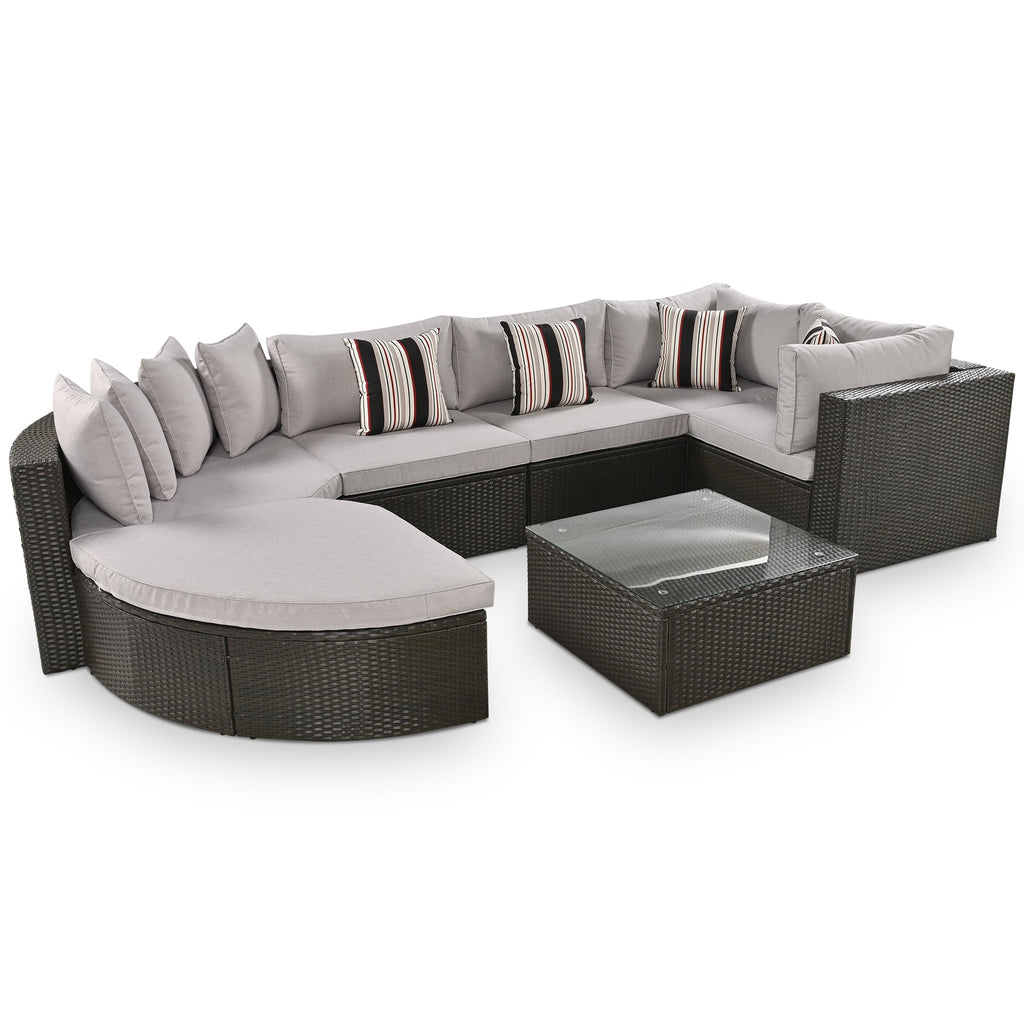 Outdoor Wicker Sofa Set Brown 7 Piece Colorful Pillows Seats 6