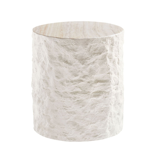 15.75 in Round Fiberglass Side Table, Imitation Stone Design, No Assembly, Beige