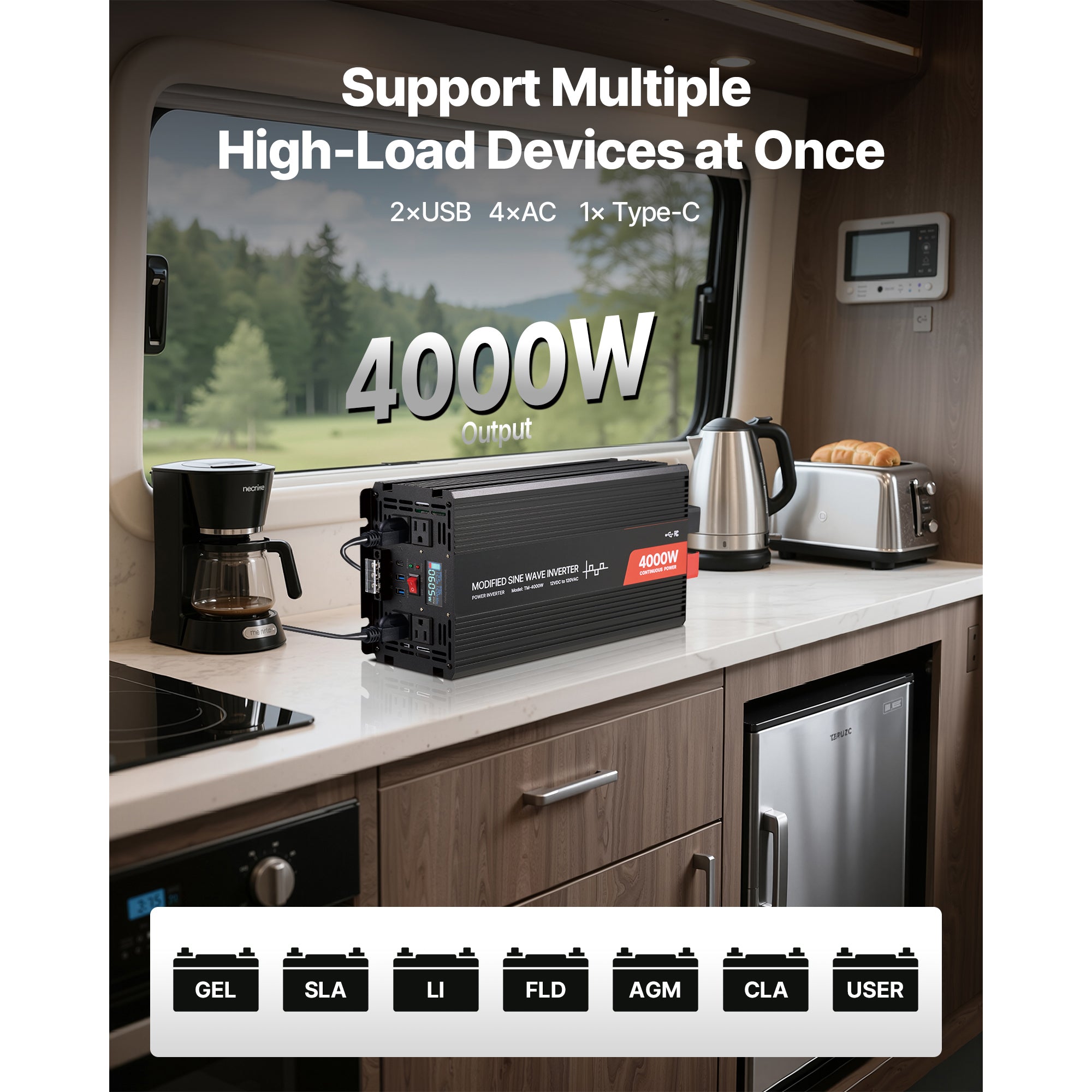 4000W Modified Sine Wave Power Inverter, 12V to 120V, LCD, USB, for RV Truck