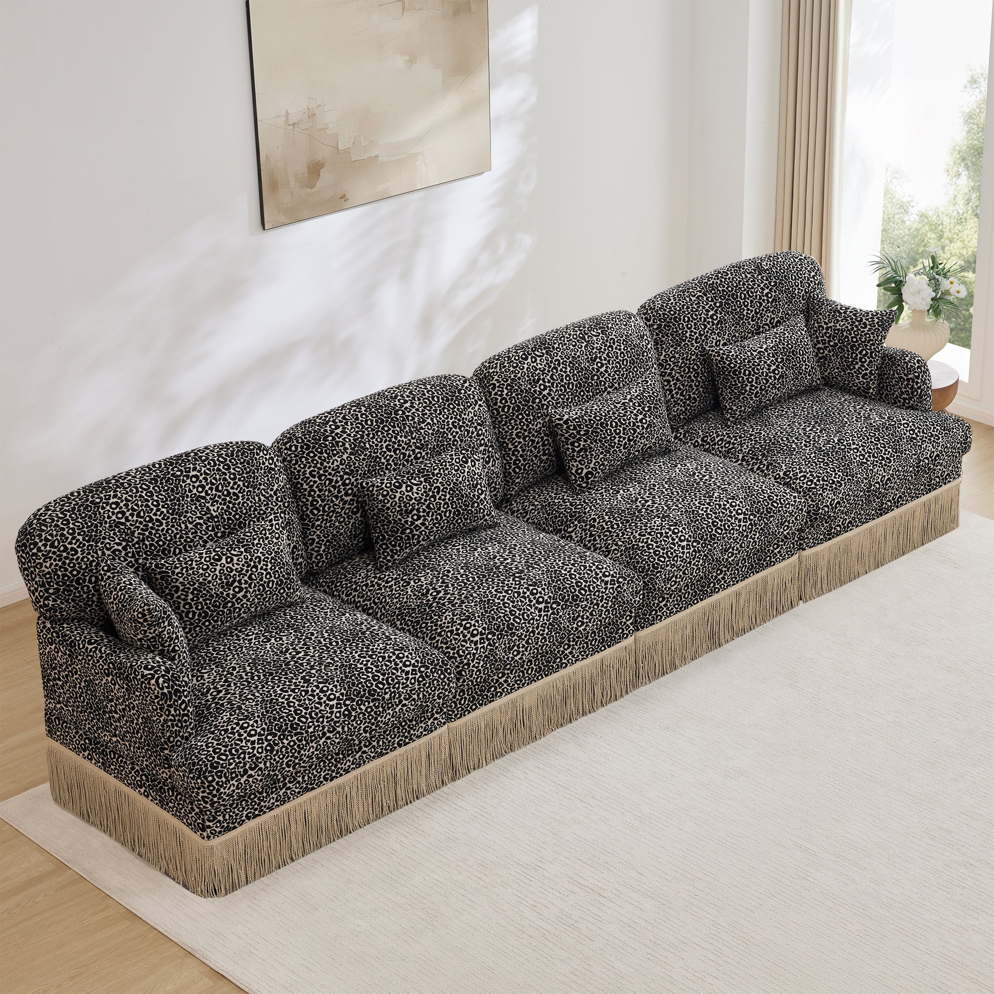 Sectional Sofa Modular Chenille Leopard Print Khaki 4 Seat Deep Seat