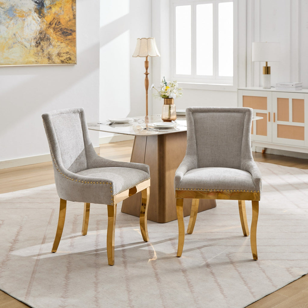 Chenille Dining Chairs, Modern Style with Curved Gold - Plated Legs & Rivet
