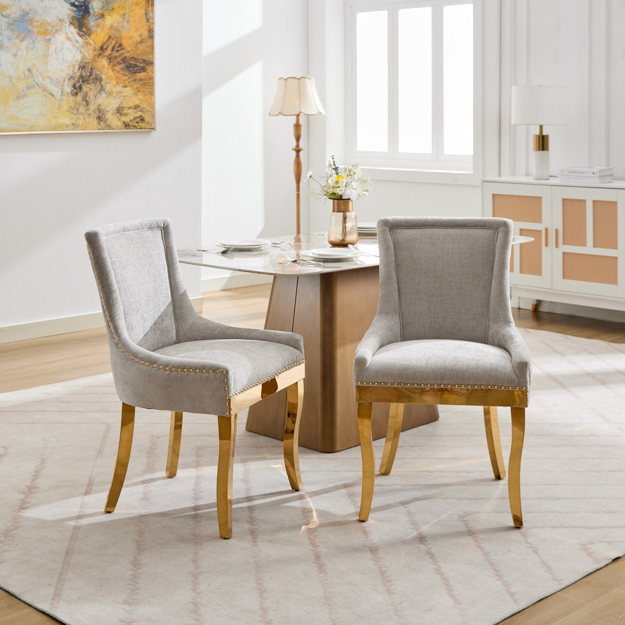 Chenille Dining Chairs, Modern Style with Curved Gold - Plated Legs & Rivet