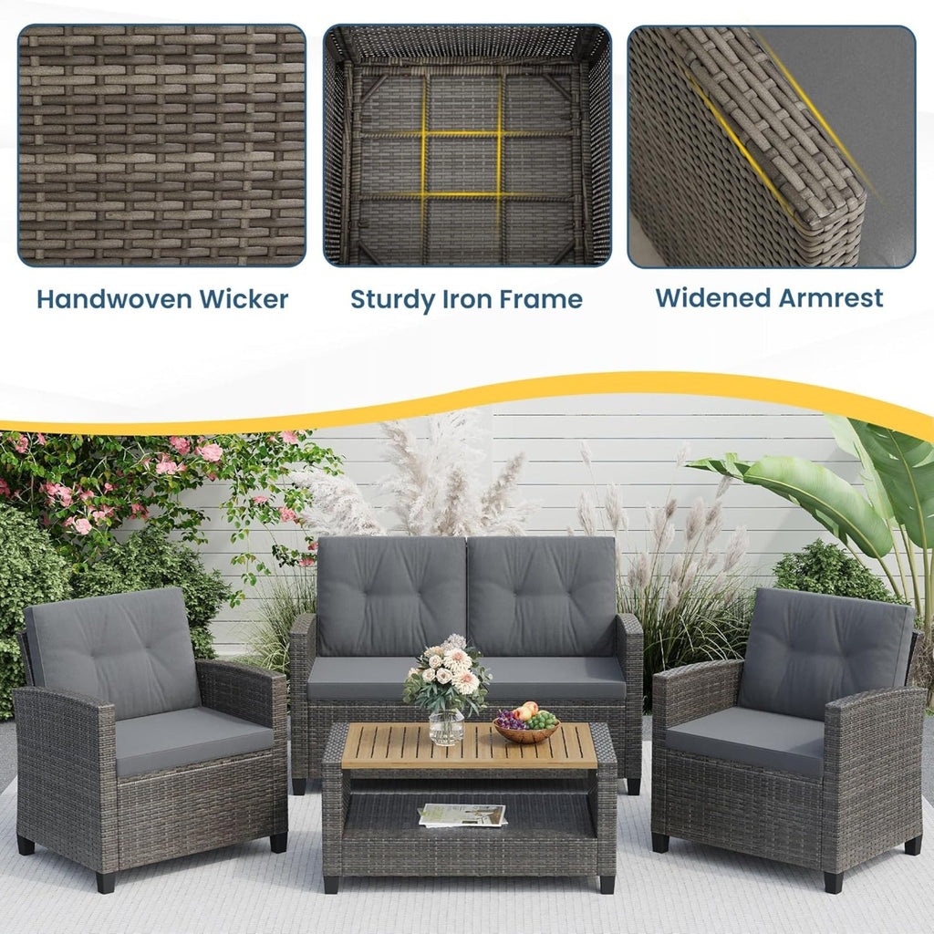 Outdoor Patio Set PE Rattan Gray 4 Piece Loveseat Chairs Acacia Table