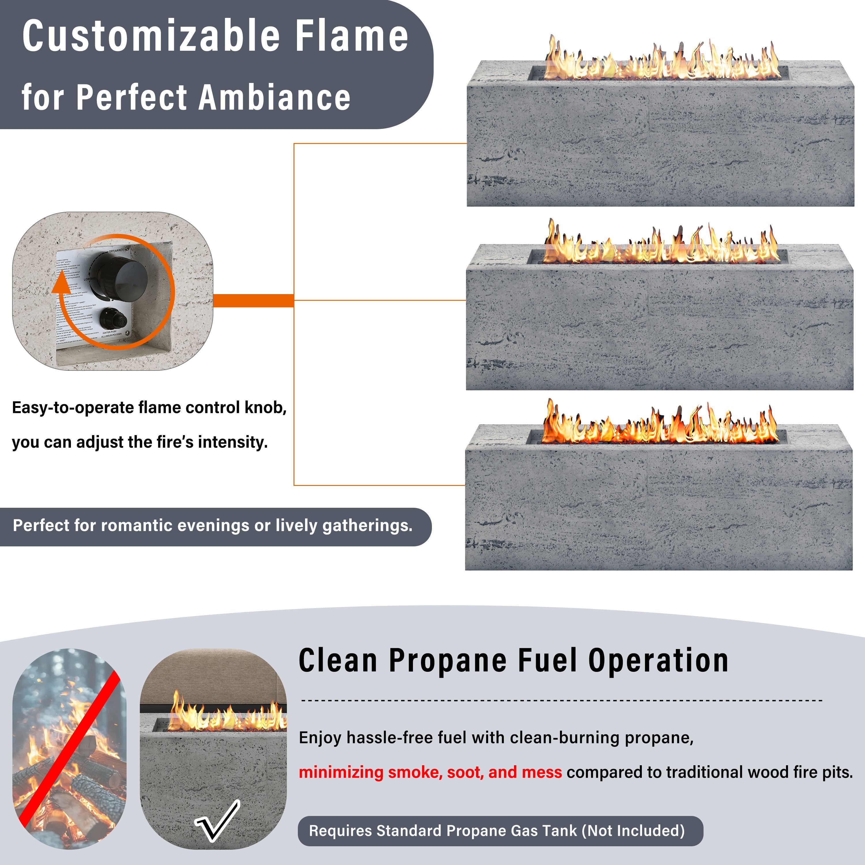 Fire Pit Propane Rectangular MGO Gray 40000 BTU with Tank Cover 41.9 In