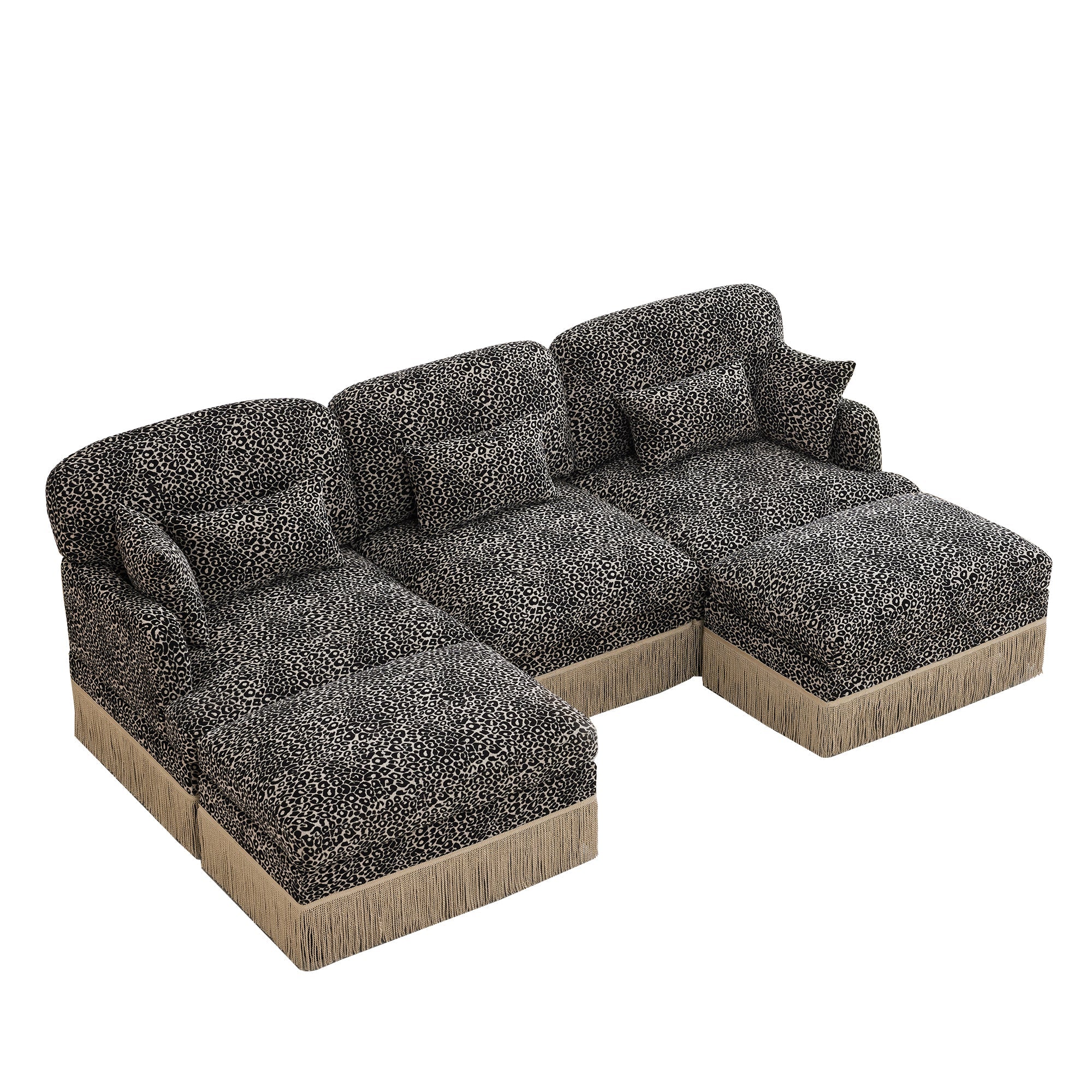 Sectional Sofa Modular Chenille Leopard Print Khaki 4 Seat Deep Seat