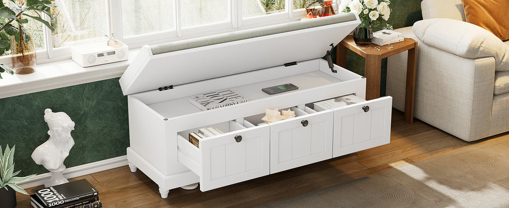 Entry Bench Fluted MDF White Cushioned Seat 3 Drawers 44x16x19
