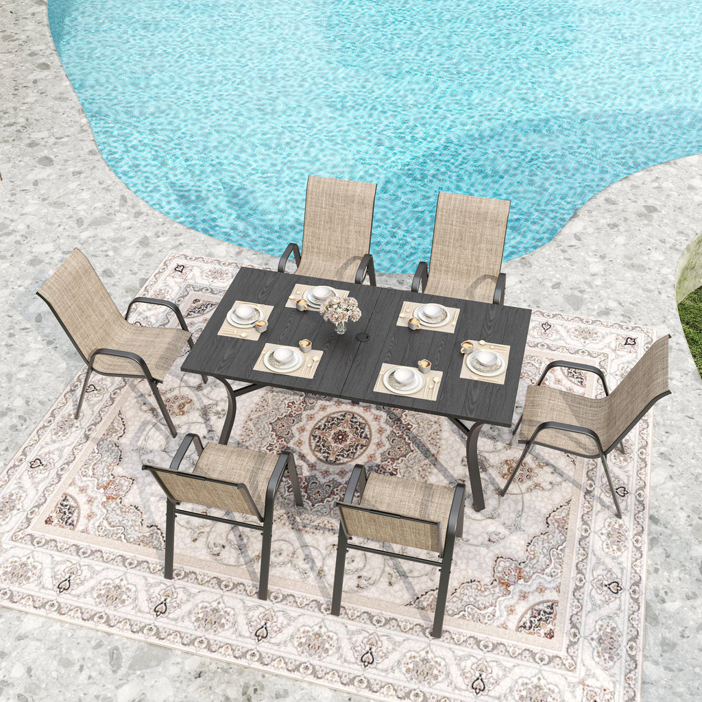 7-Piece Outdoor Patio Dining Set, 63' x 38' Rectangular Wood-Grain Metal Table