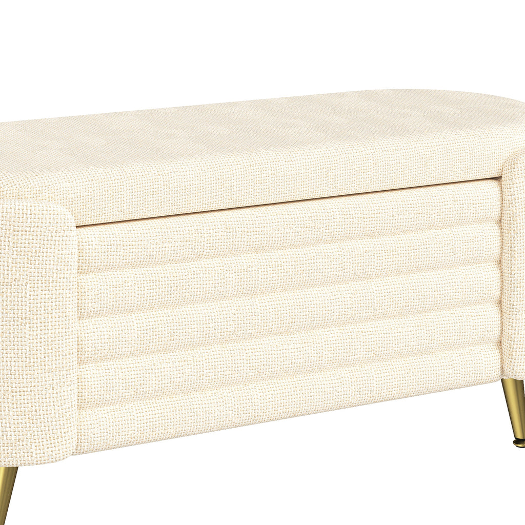 Storage Ottoman Oval Chenille Beige Metal Legs Hidden Storage 44.9x18x18 In