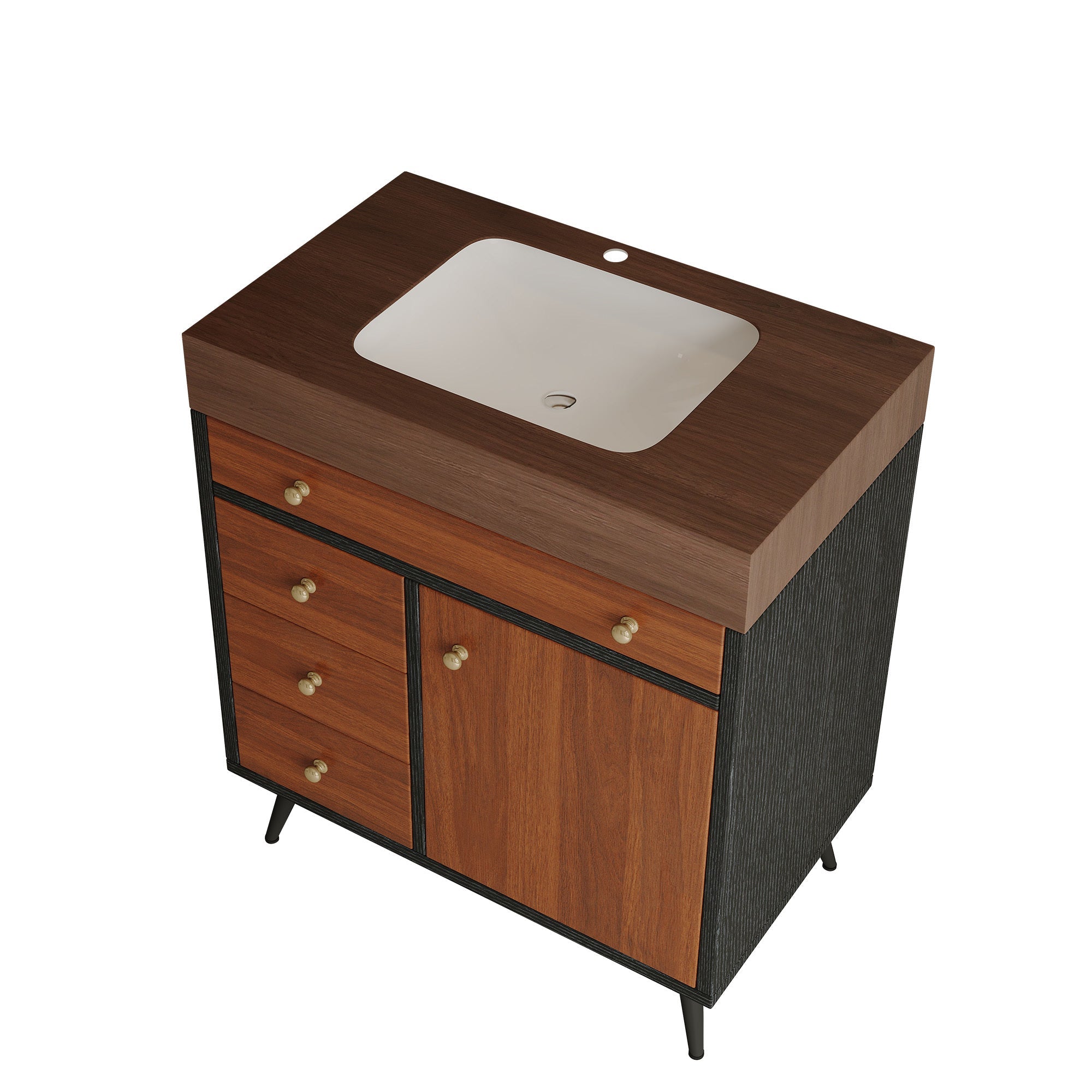 Mid-Century Modern Free-Standing Bathroom Vanity with Ceramic Sink & Sintered Stone Top