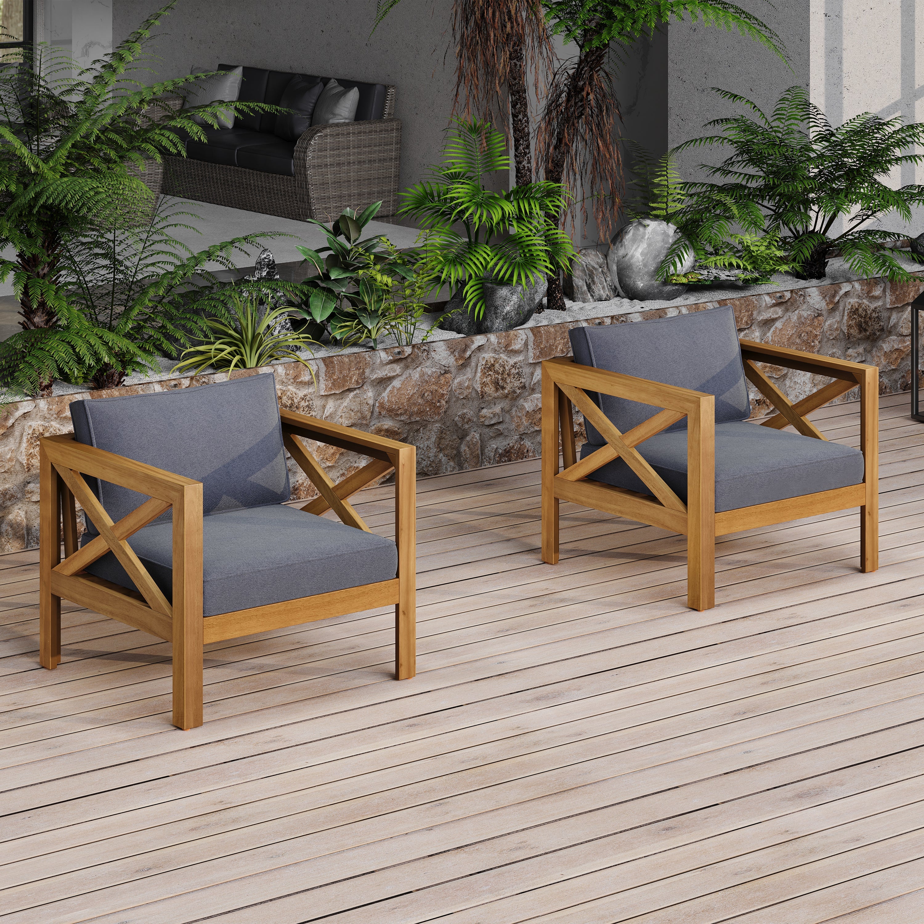 Outdoor Conversation Set Acacia Wood Teak Dark Gray Cushion 3 Piece